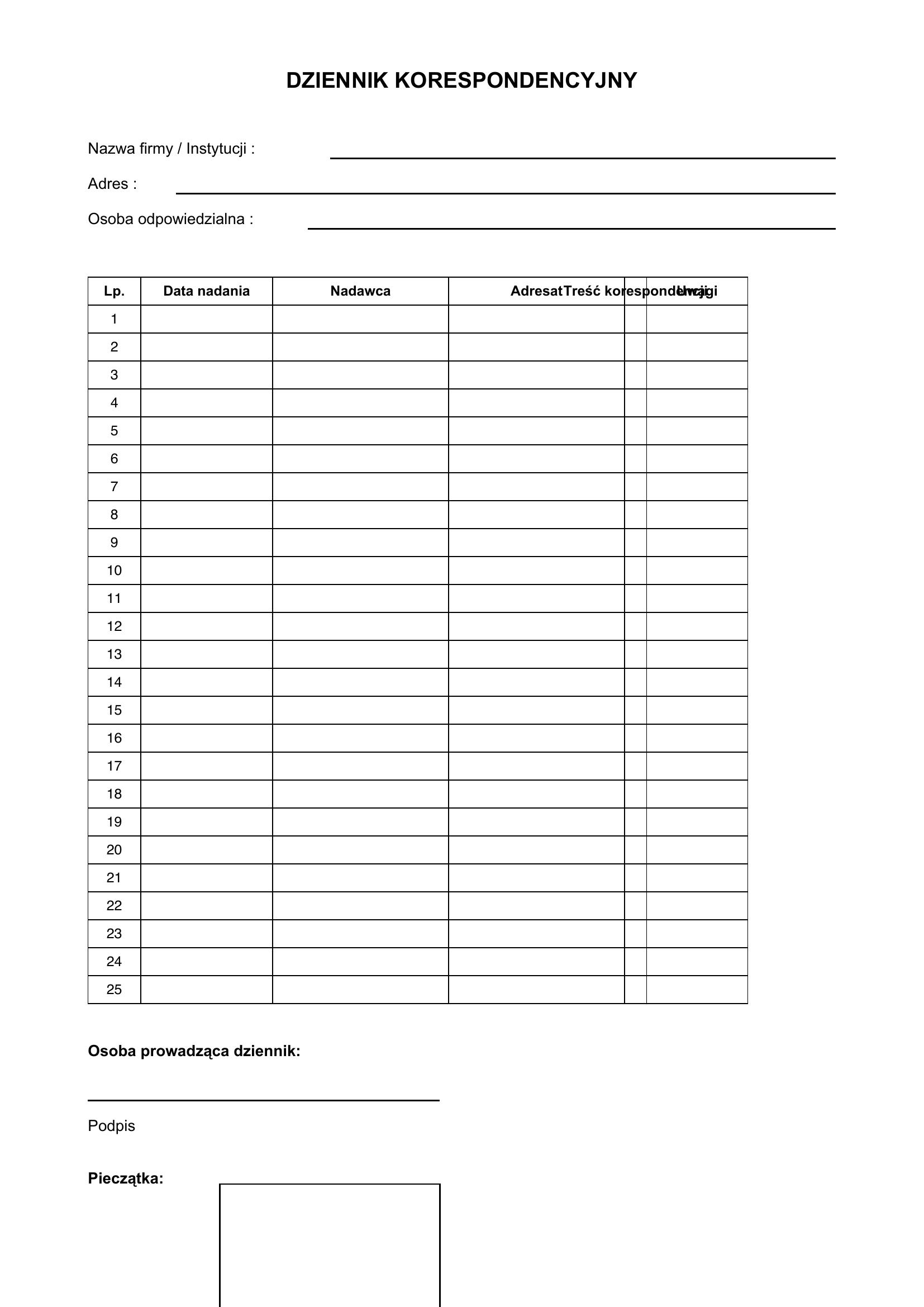 Dziennik Korespondencyjny Wzór