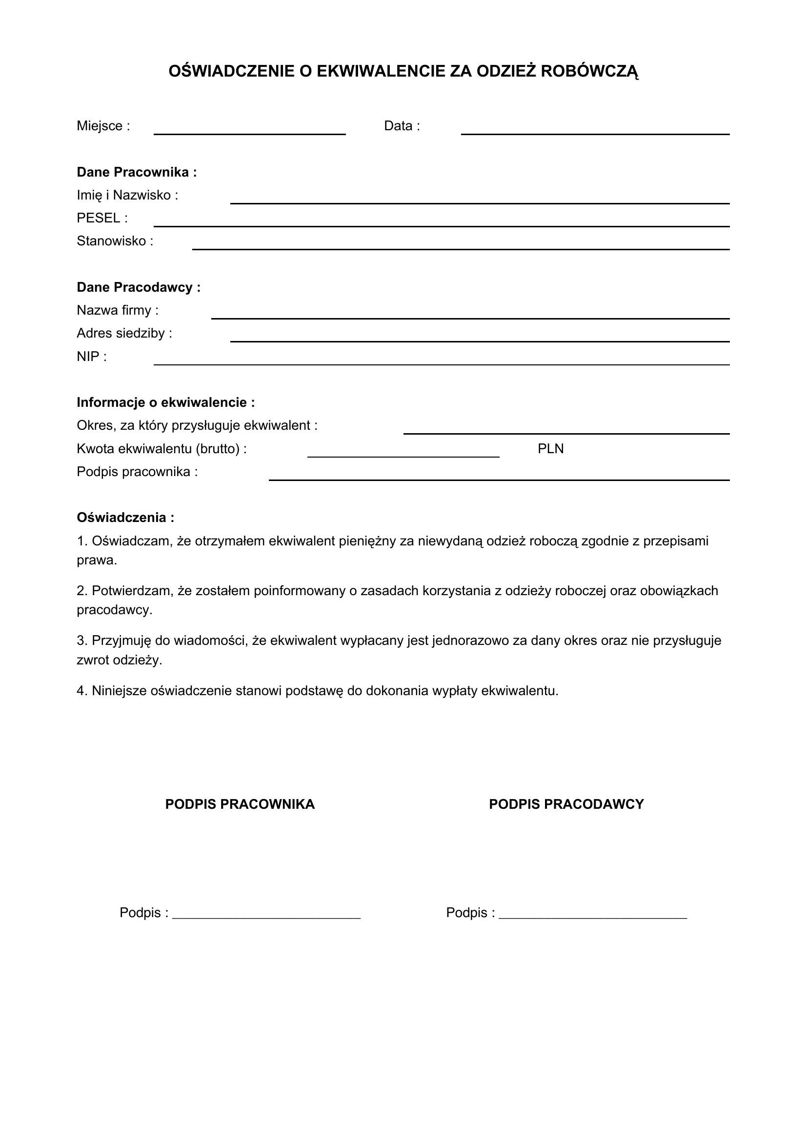 Ekwiwalent Za Odzież Robocza Wzór