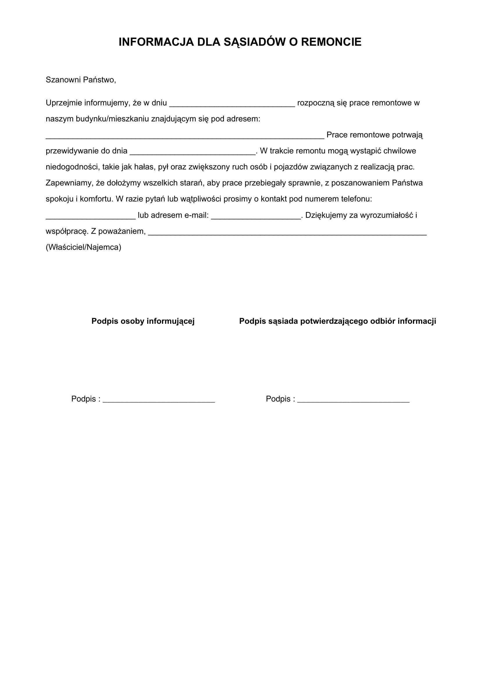 Informacja Dla Sąsiadów O Remoncie