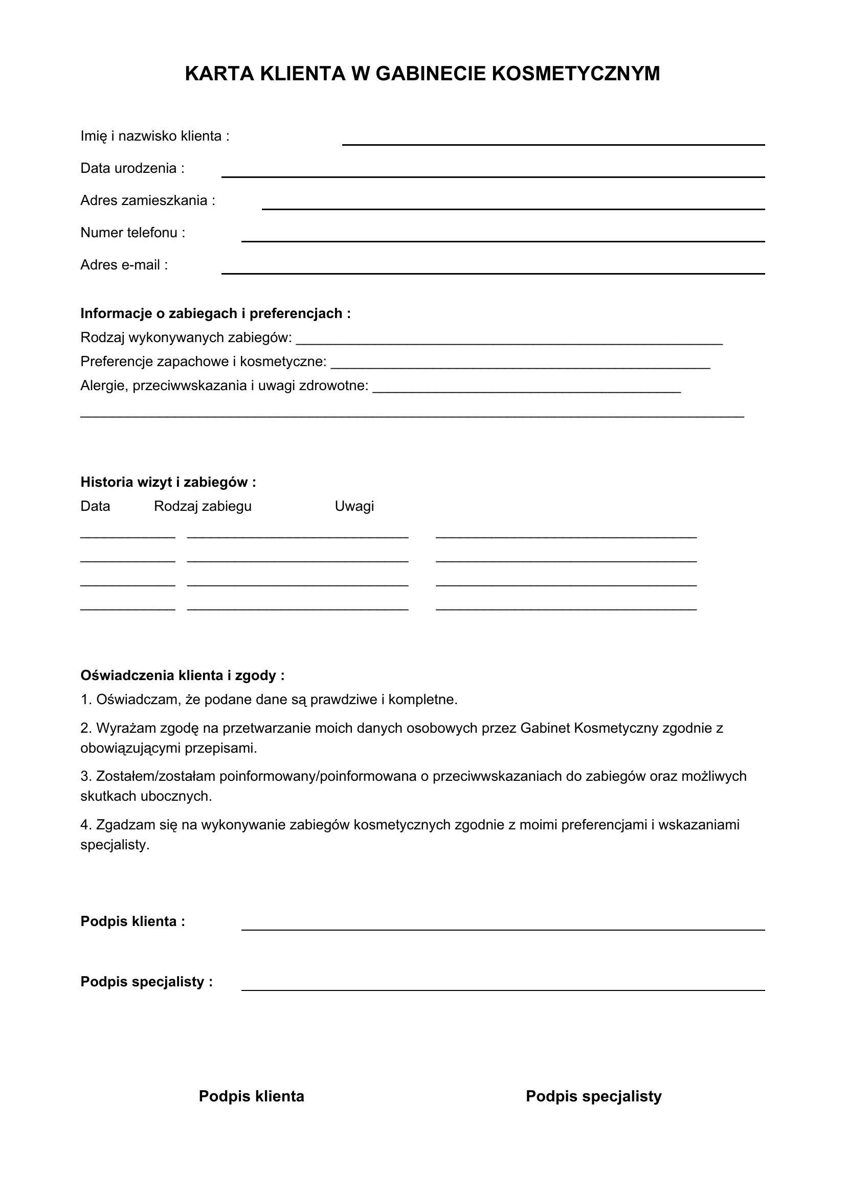 Karta Klienta W Gabinecie Kosmetycznym Wzór
