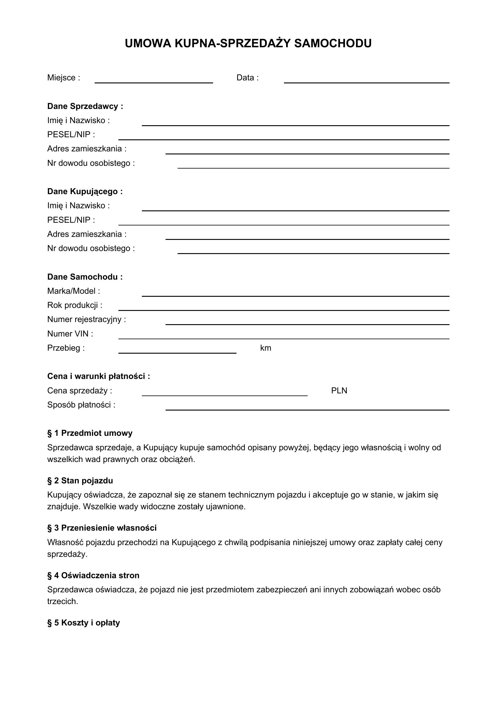 Kartka Sprzedam Auto Wzór