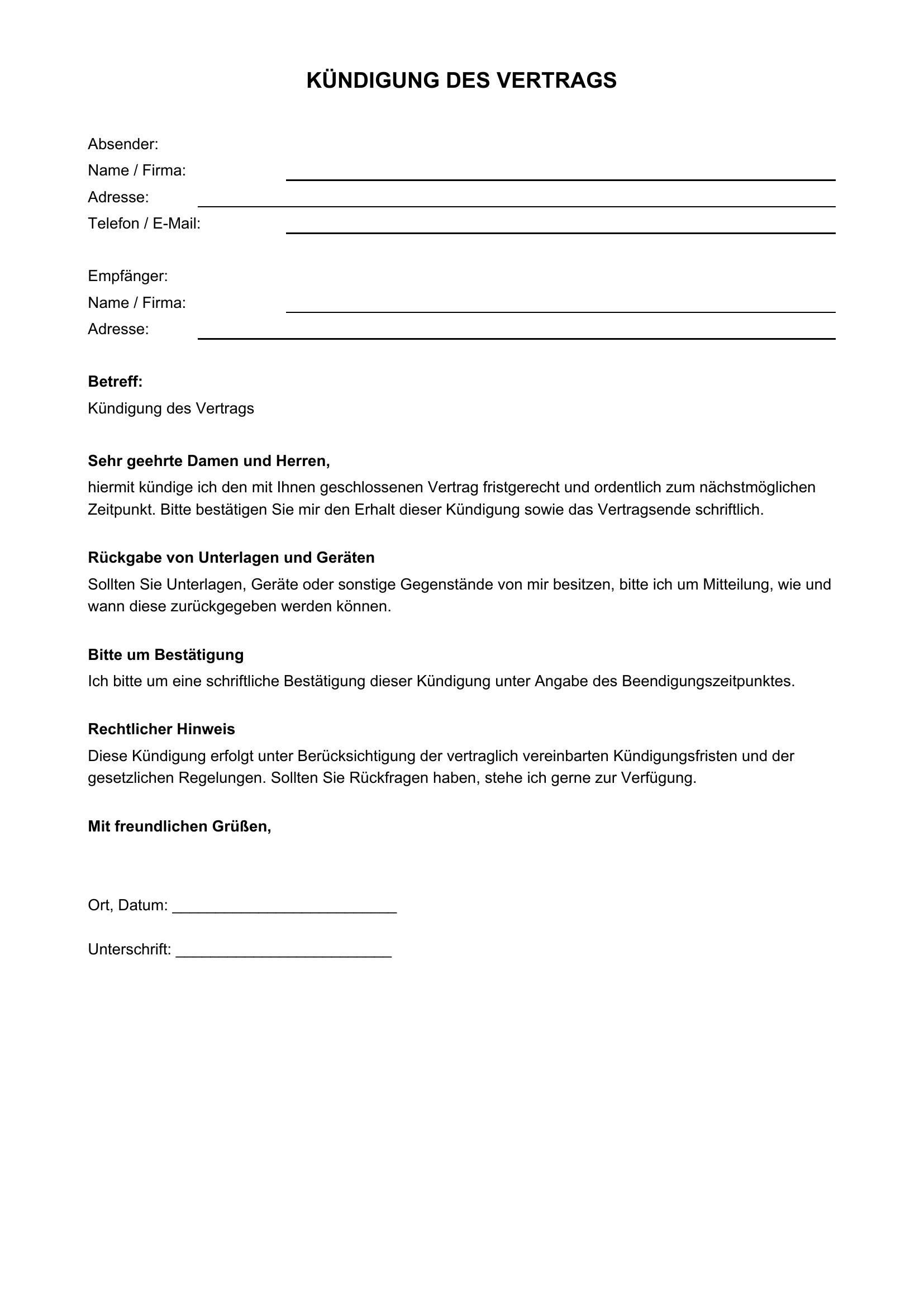 Kündigung Po Niemiecku Wzór