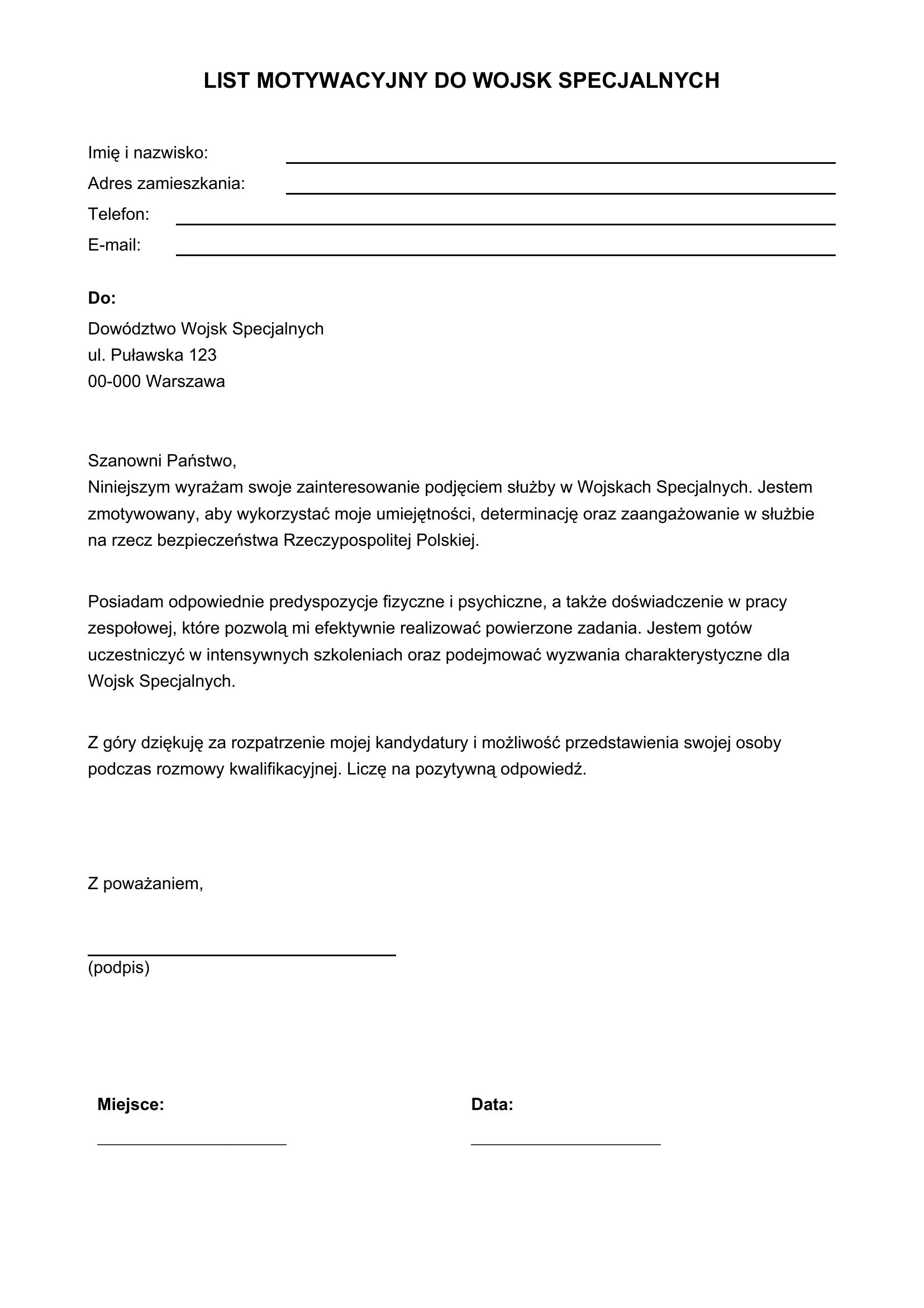 List Motywacyjny Do Wojsk Specjalnych