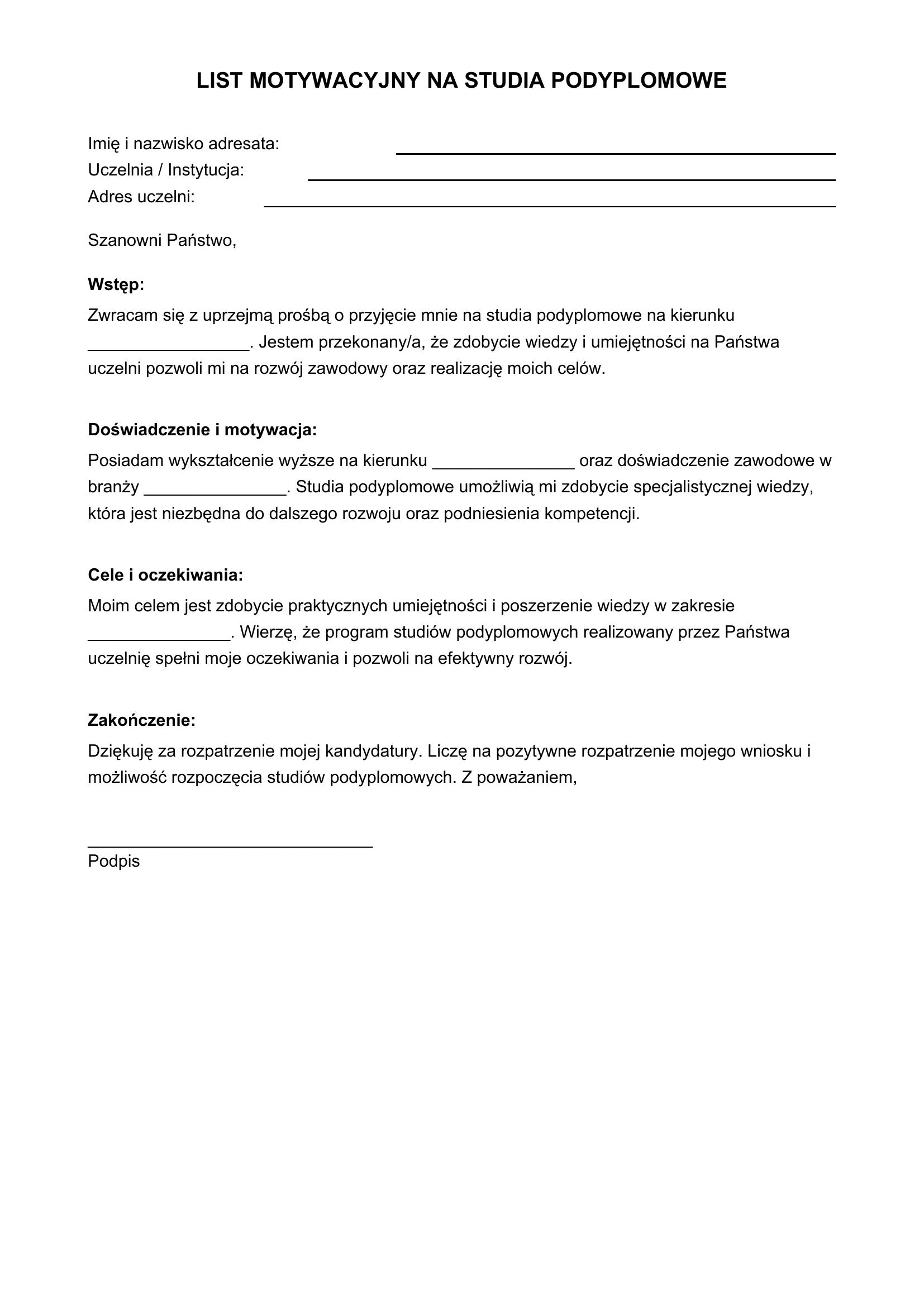 List Motywacyjny Na Studia Podyplomowe