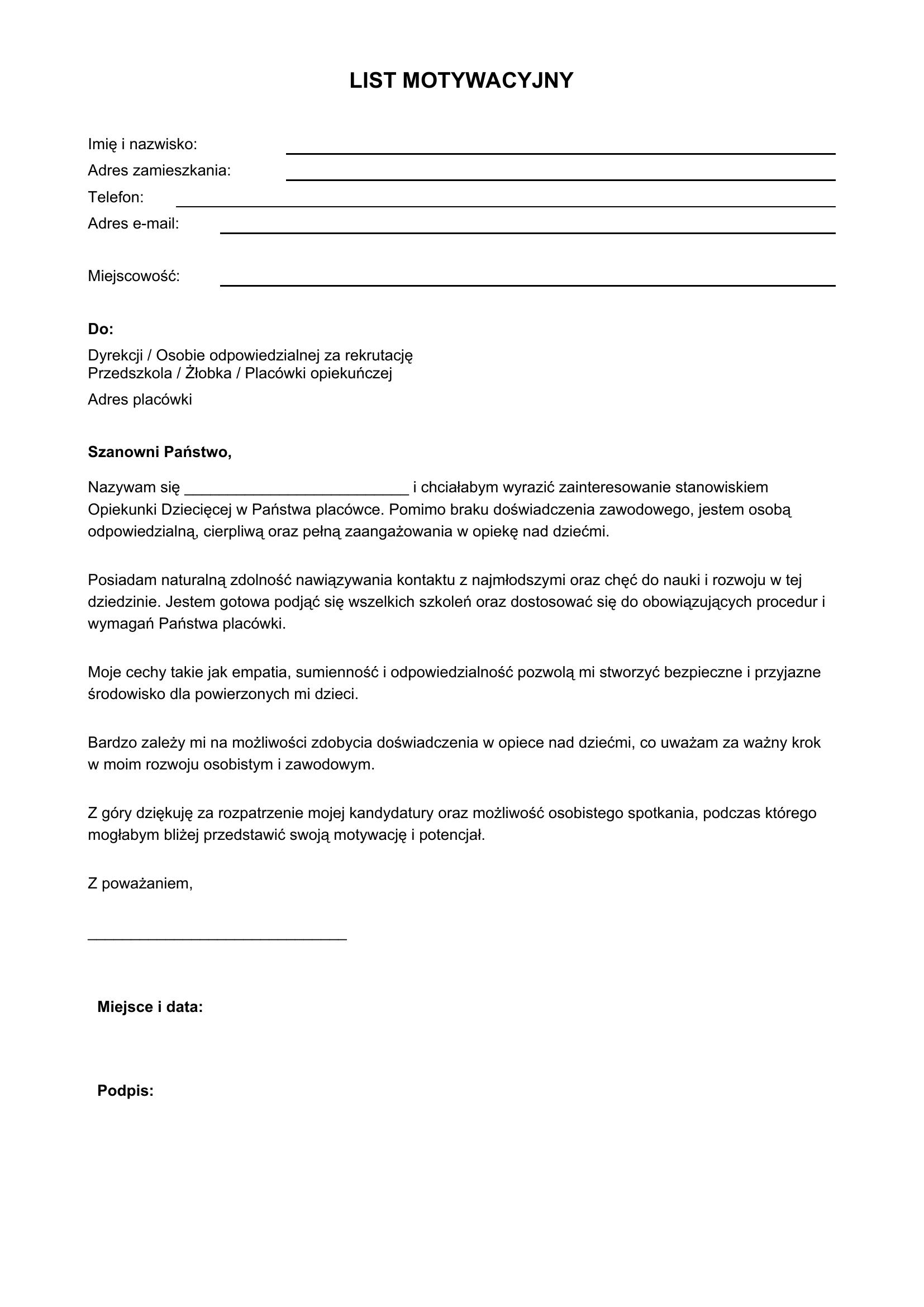 List Motywacyjny Opiekunka Dziecięca Bez Doświadczenia