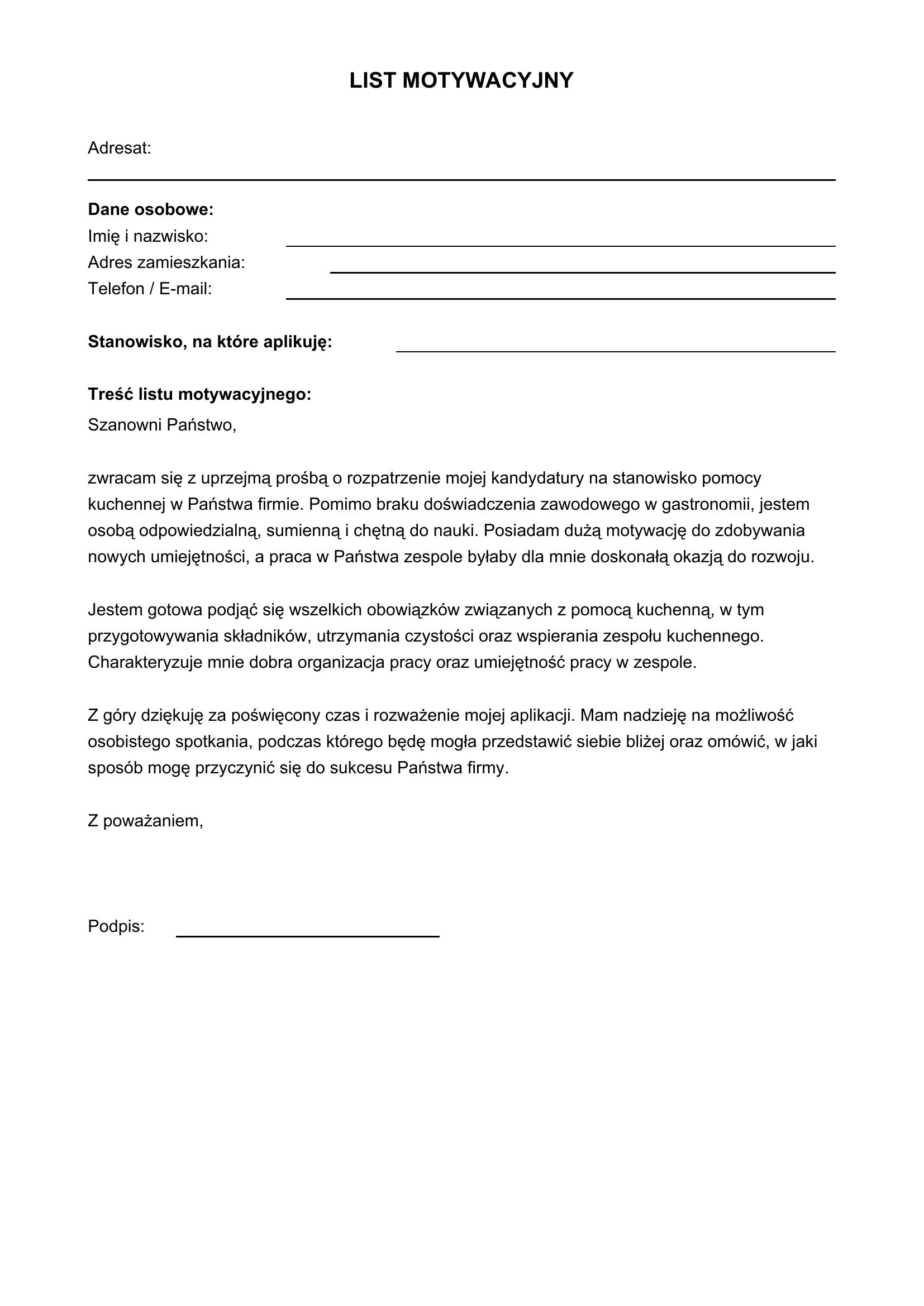 List Motywacyjny Pomoc Kuchenna Bez Doświadczenia