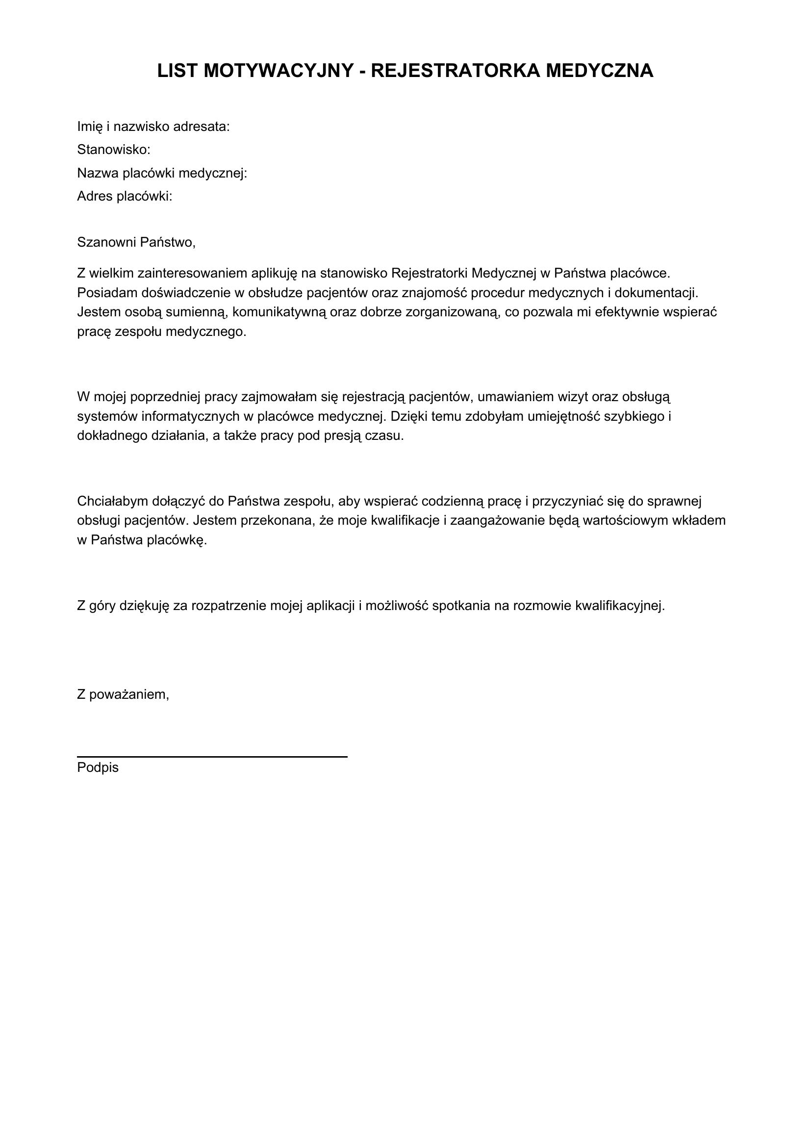 List Motywacyjny Rejestratorka Medyczna