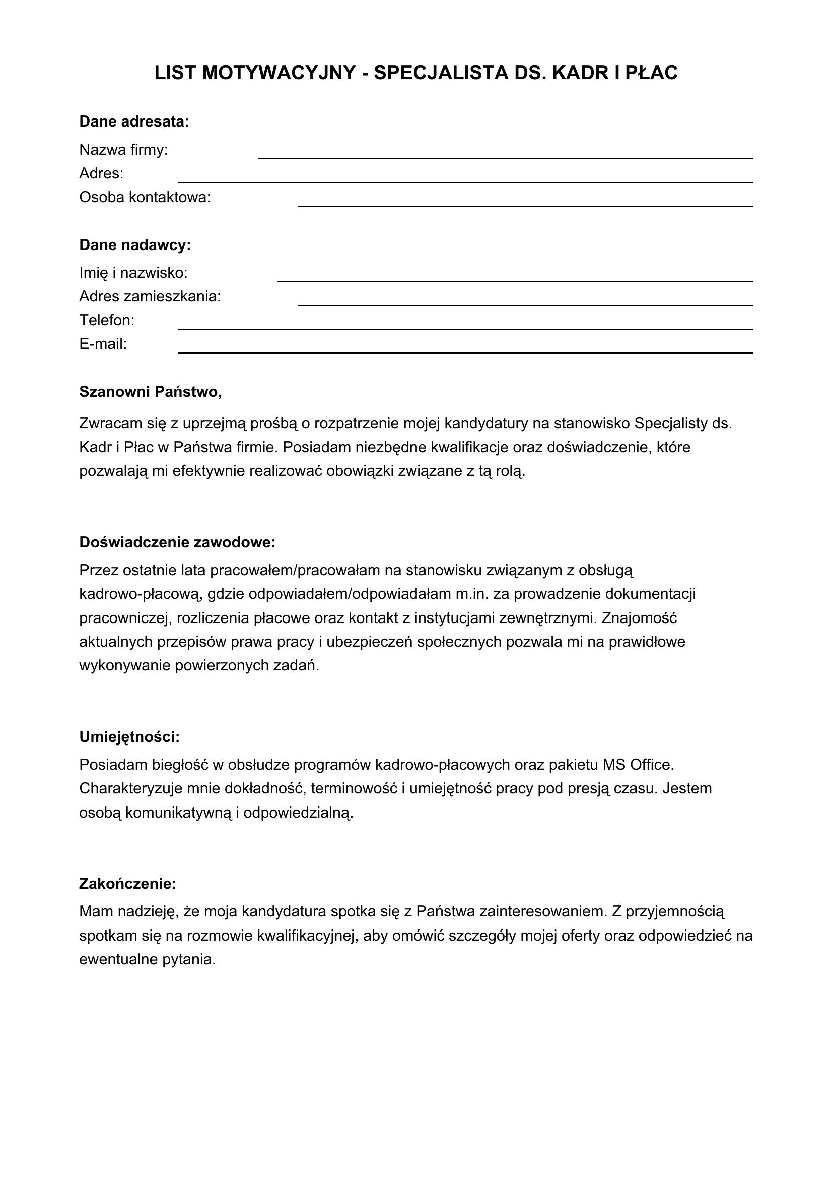 List Motywacyjny Specjalista Ds Kadr I Płac
