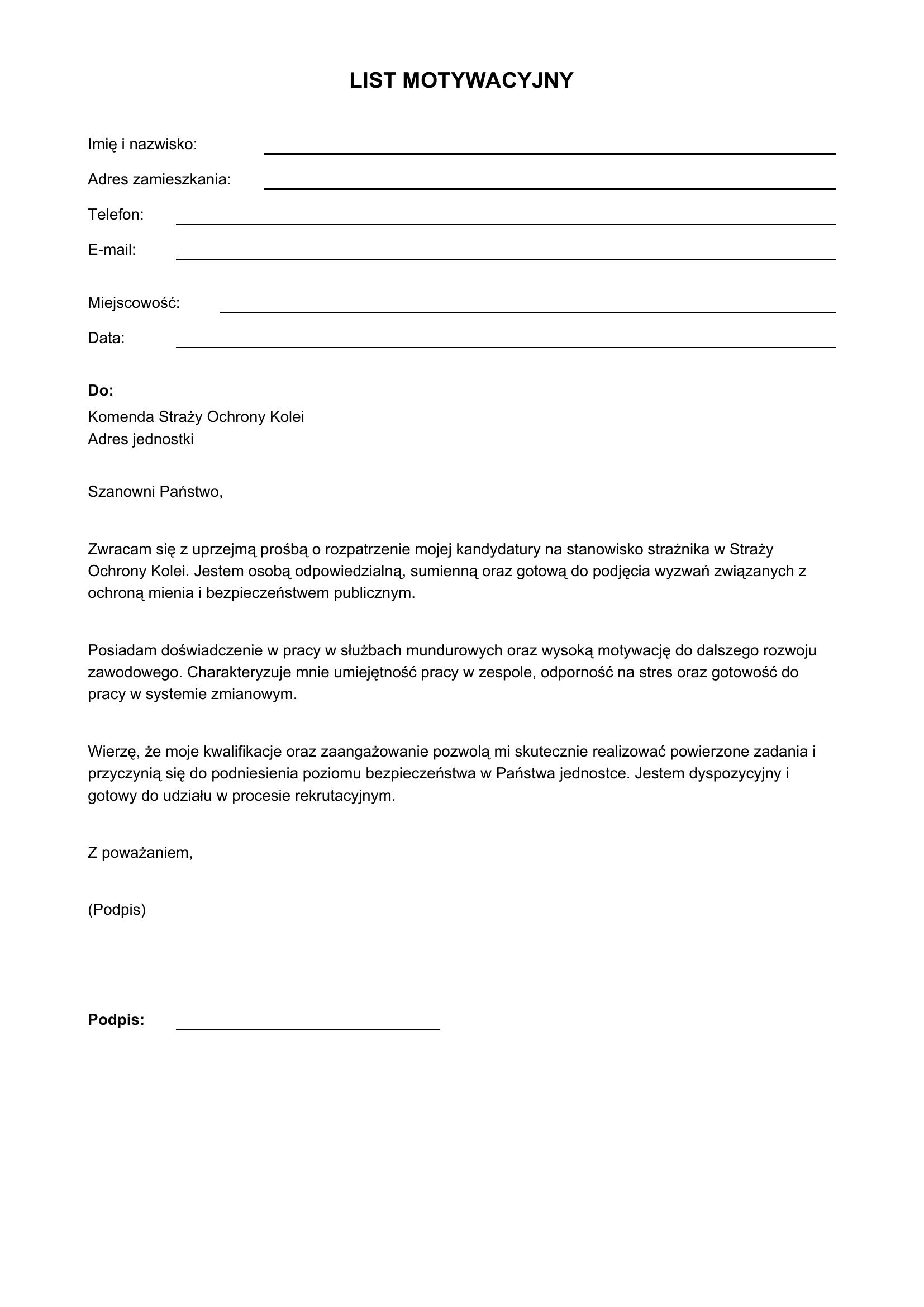List Motywacyjny Straż Ochrony Kolei Wzór