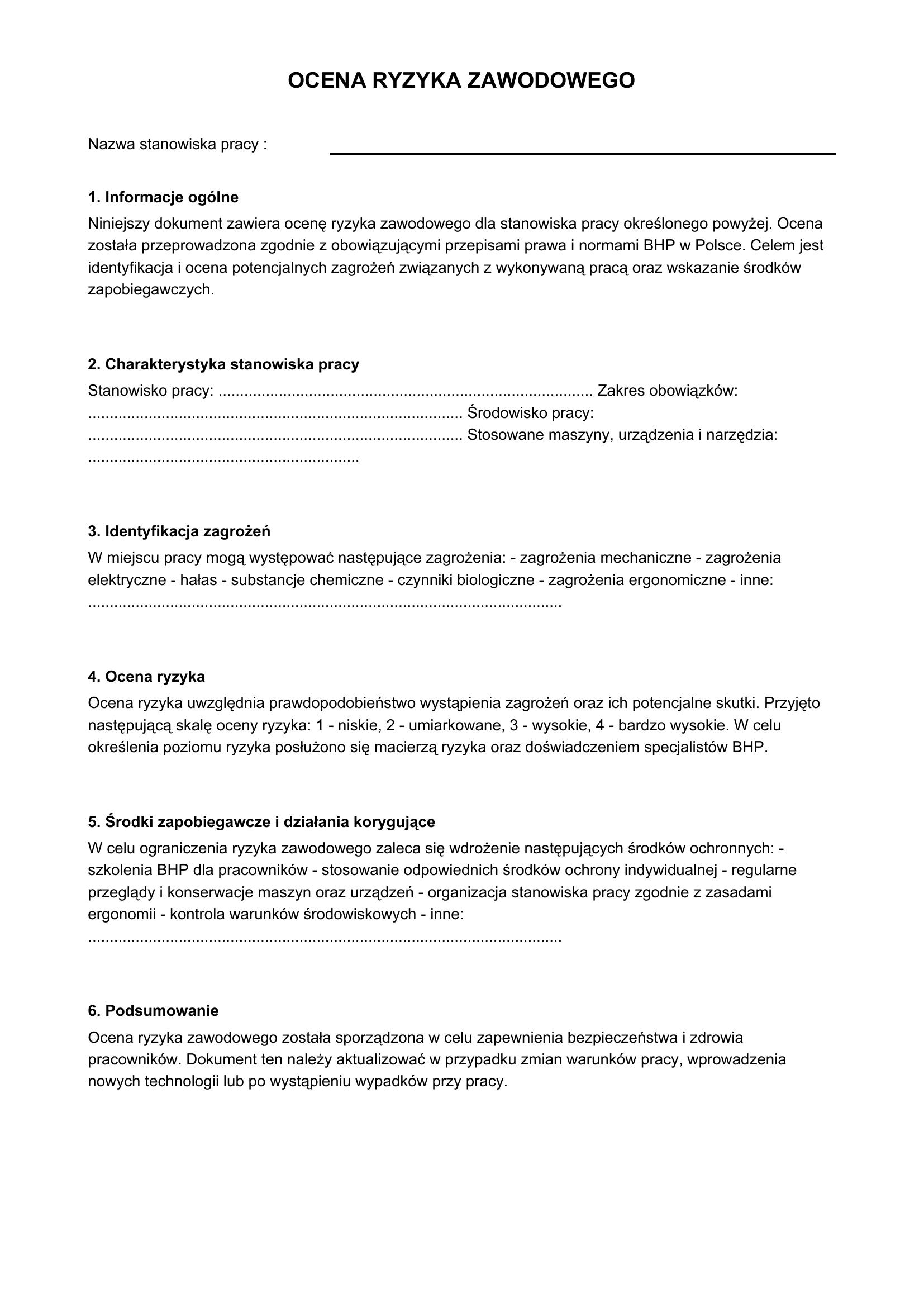 Ocena Ryzyka Zawodowego Wzór