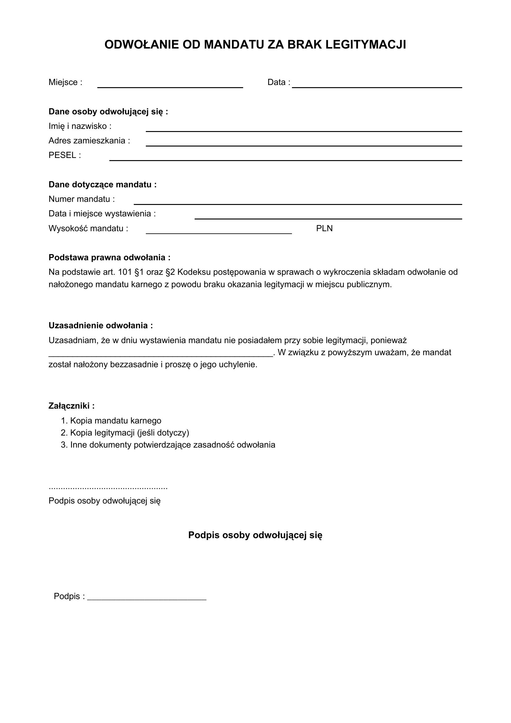 Odwołanie Od Mandatu Za Brak Legitymacji Wzór