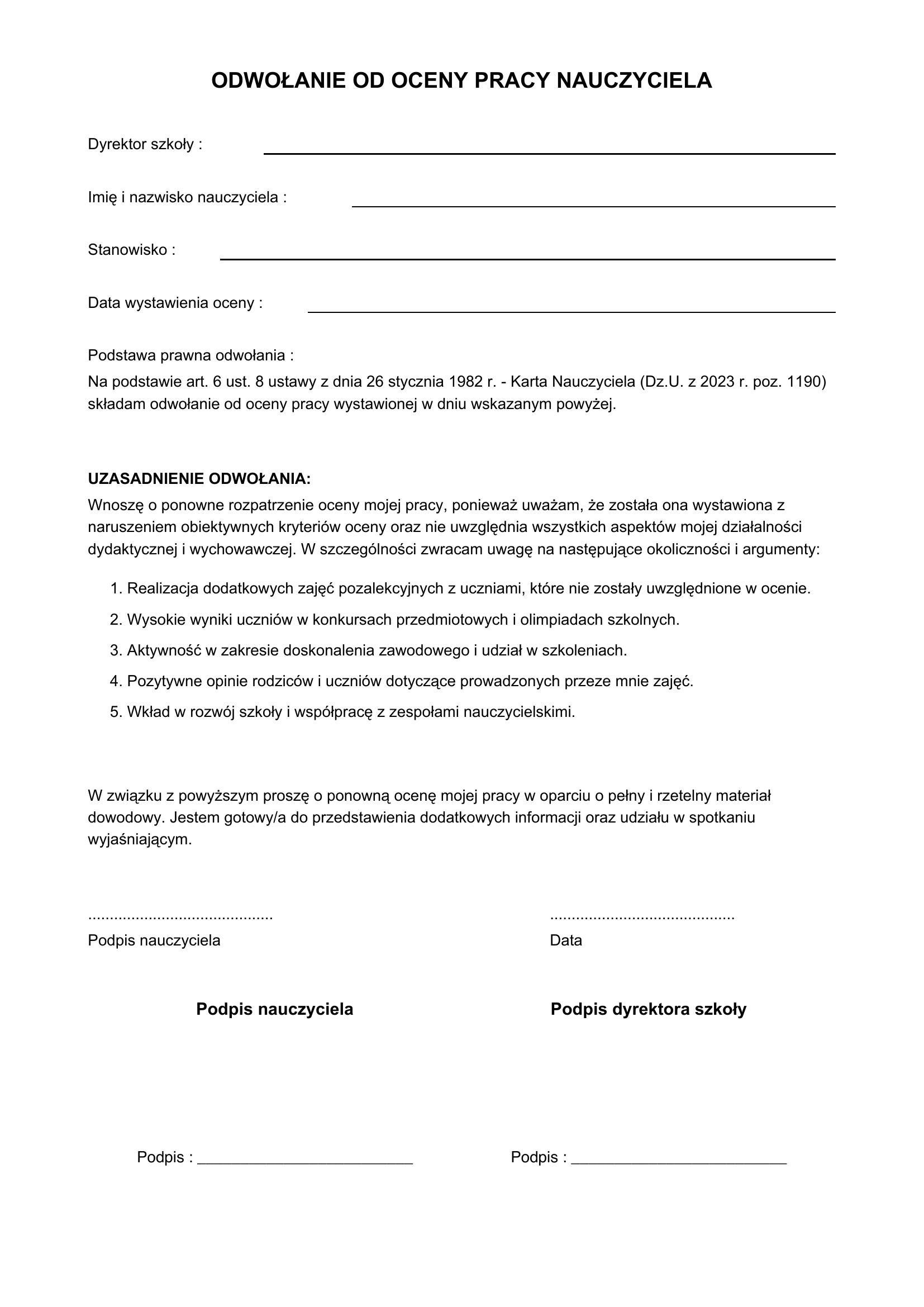 Odwołanie Od Oceny Pracy Nauczyciela - Wzór