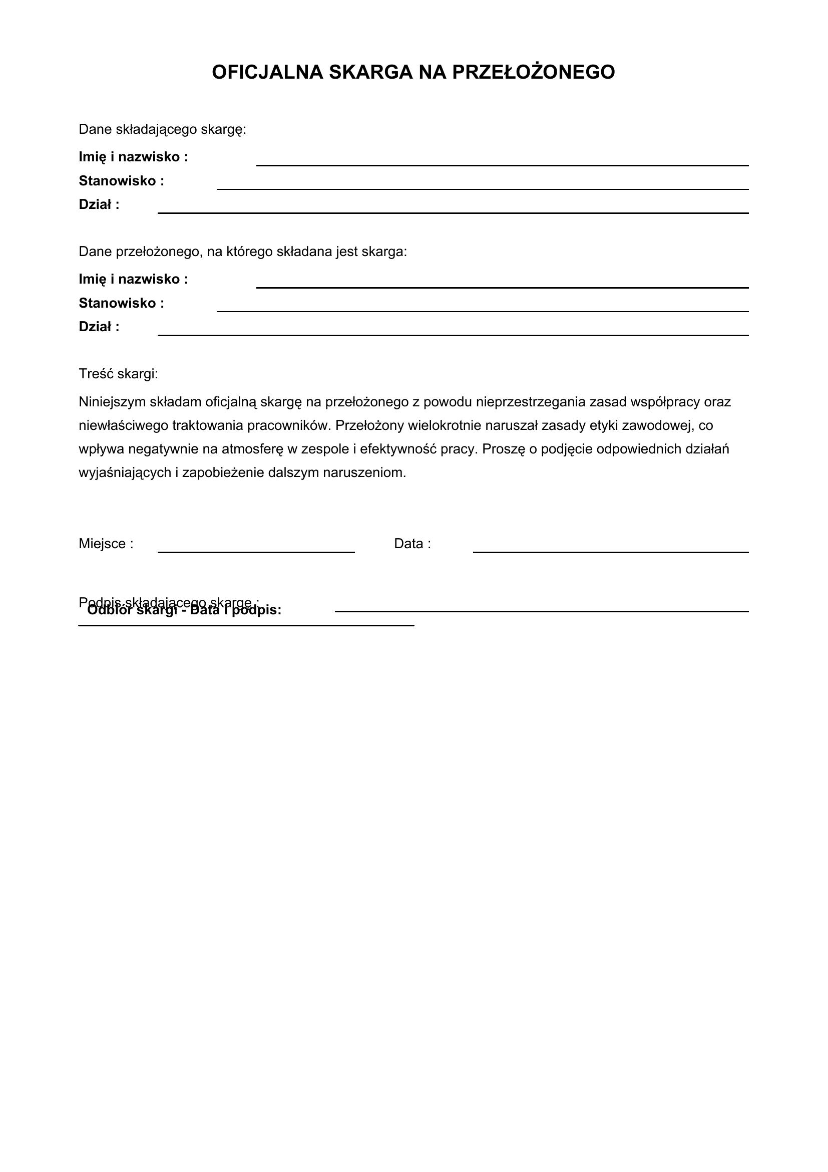 Oficjalna Skarga Na Przełożonego Wzór