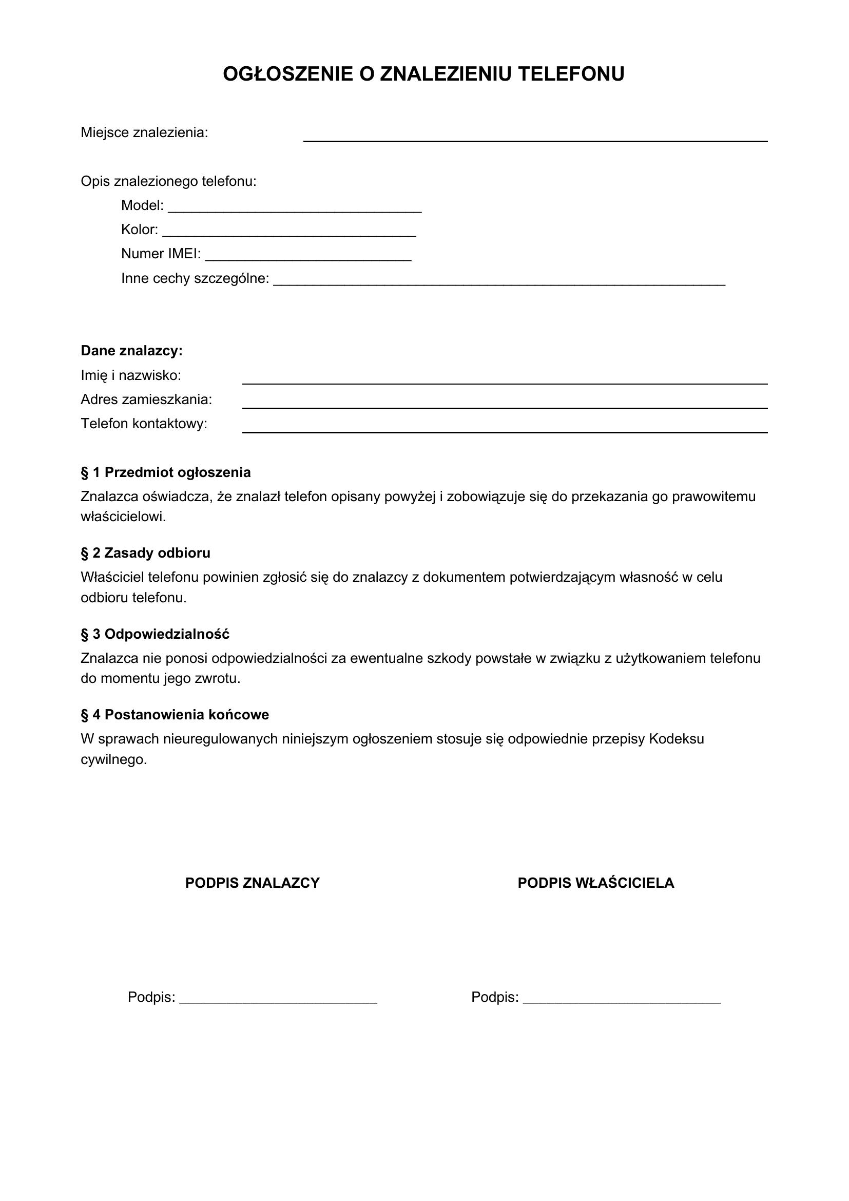 Ogłoszenie O Znalezieniu Telefonu