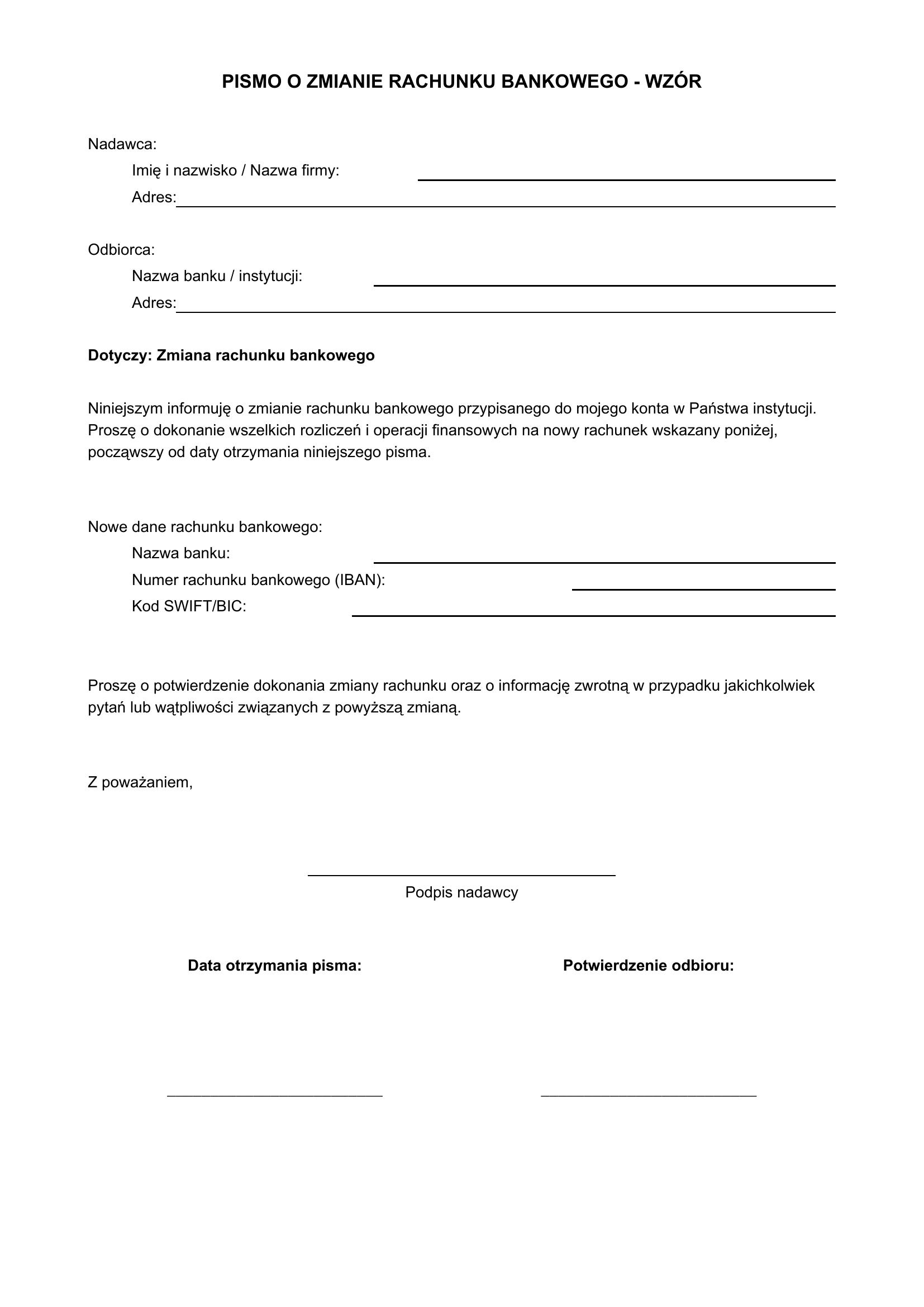 Pismo O Zmianie Rachunku Bankowego - Wzór