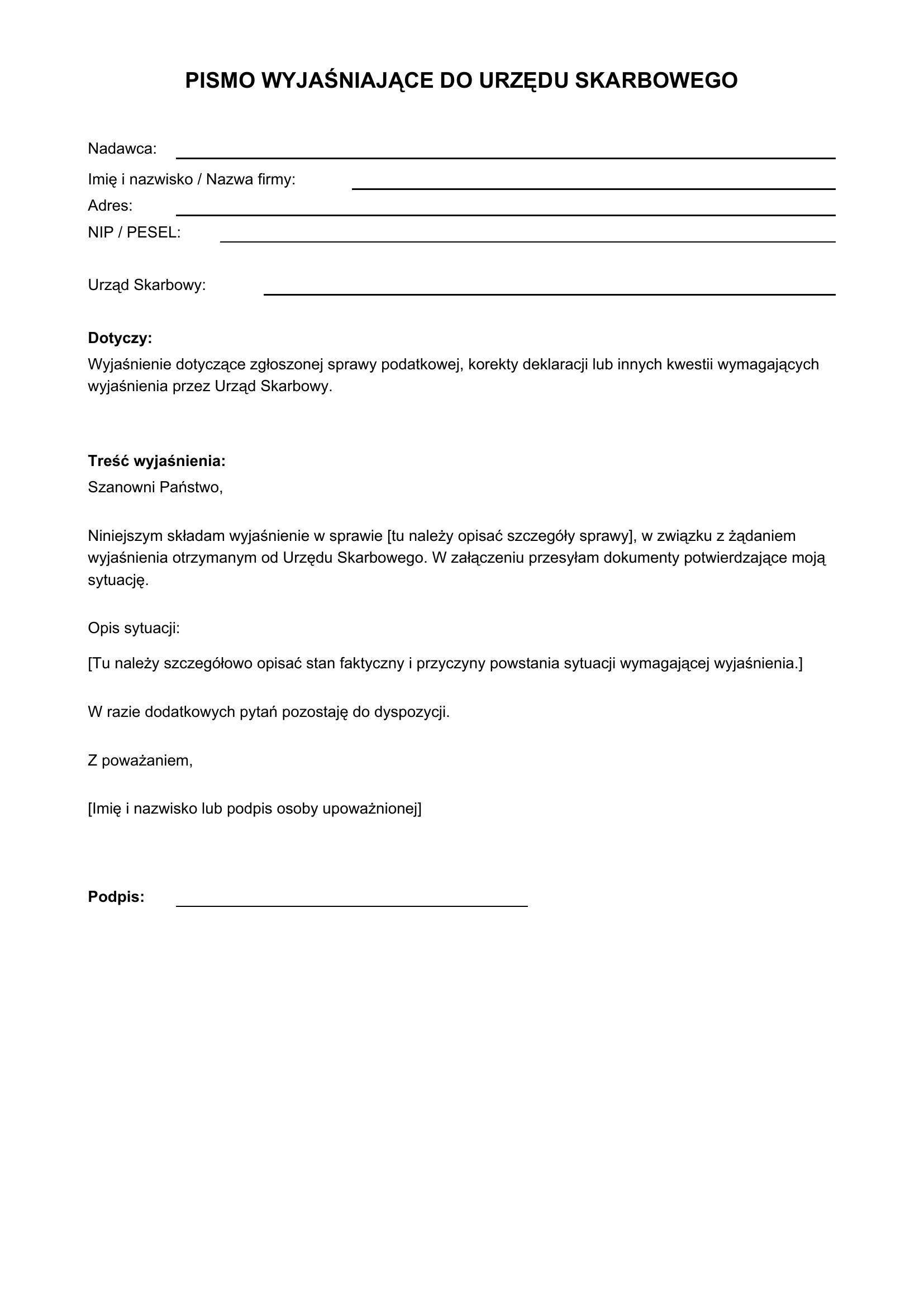 Pismo Wyjaśniające Do Urzędu Skarbowego Wzór