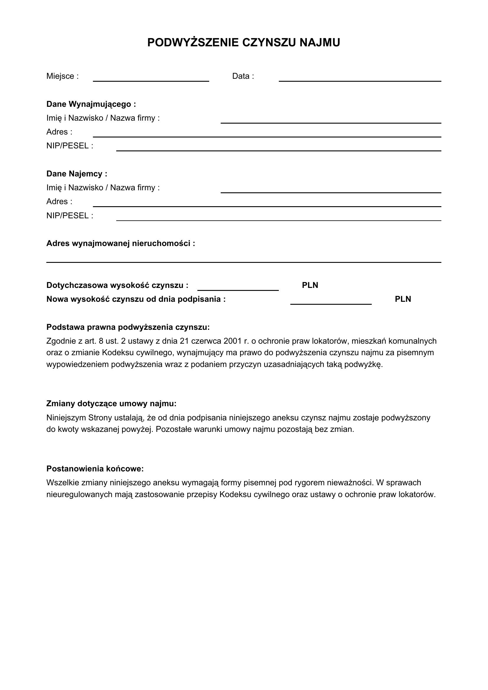 Podwyższenie Czynszu Najmu Wzór