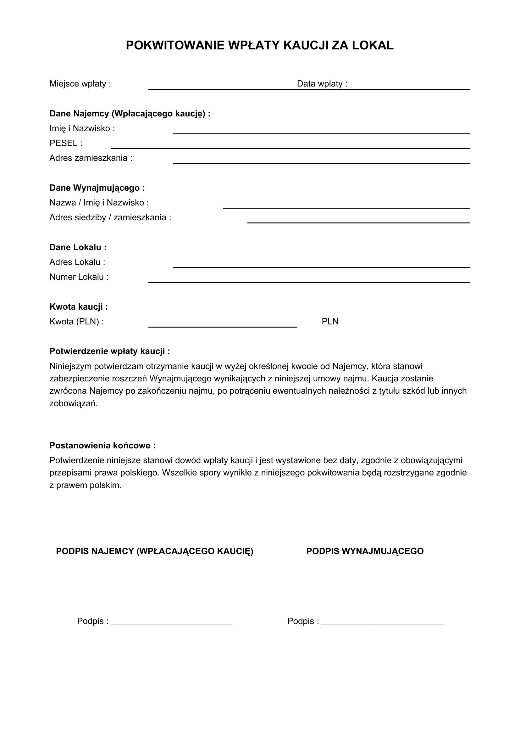 Pokwitowanie Wpłaty Kaucji Za Lokal Wzór-