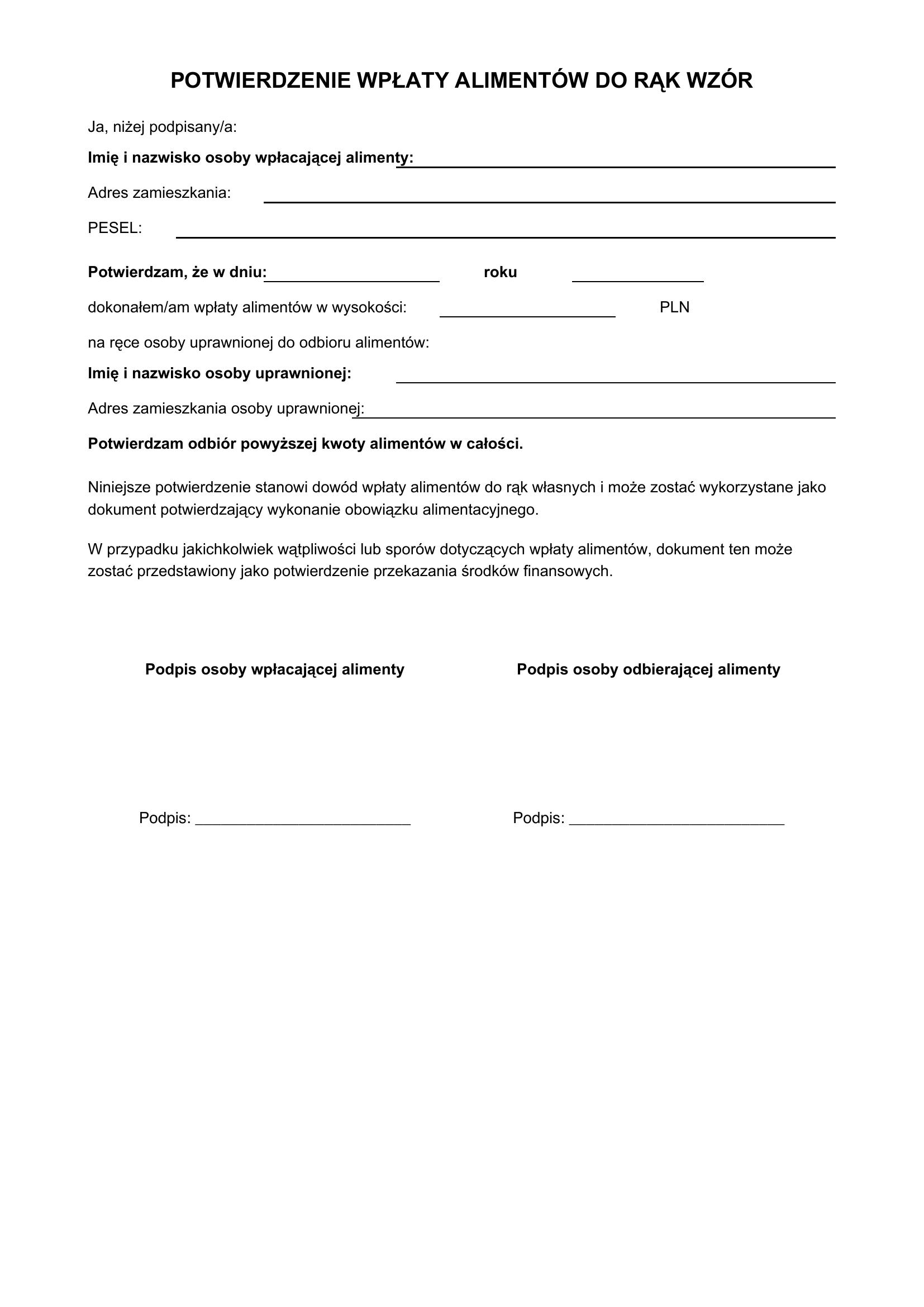 Potwierdzenie Wpłaty Alimentów Do Rąk Wzór