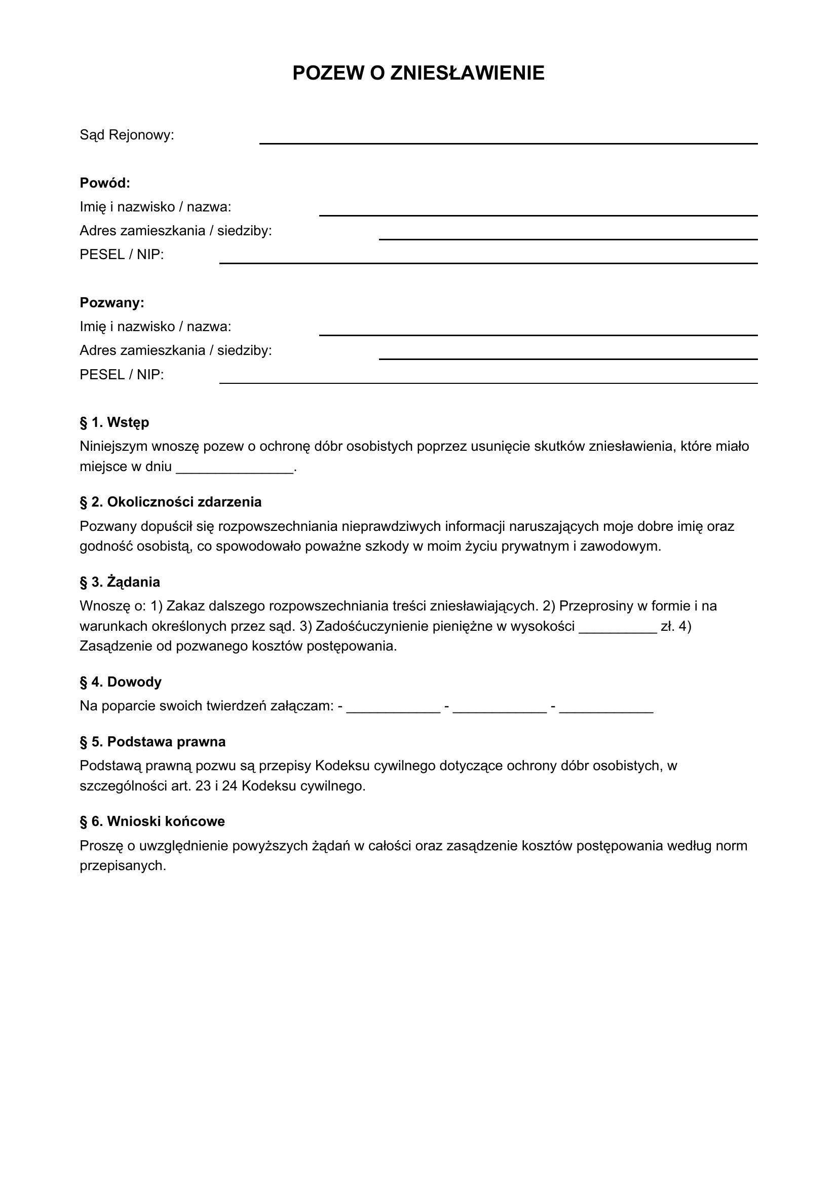 Pozew O Zniesławienie Wzór