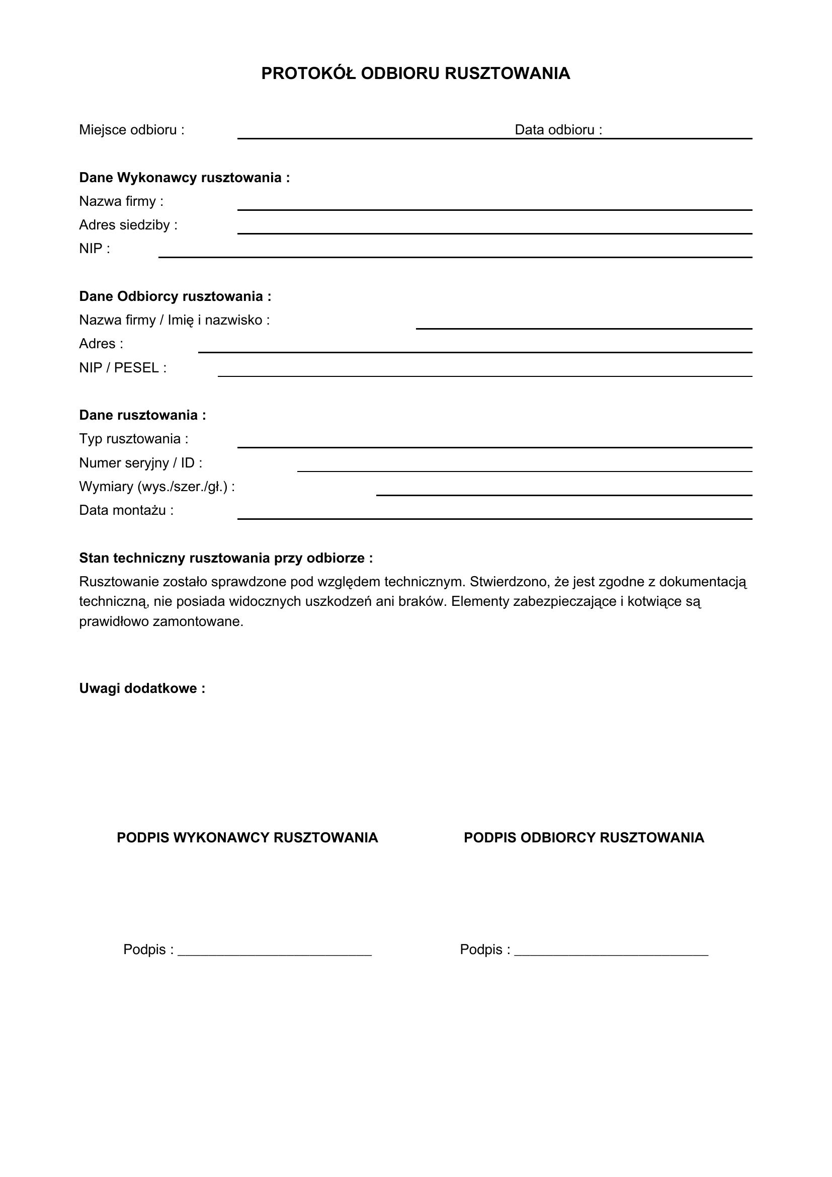 Protokół Odbioru Rusztowania Wzór