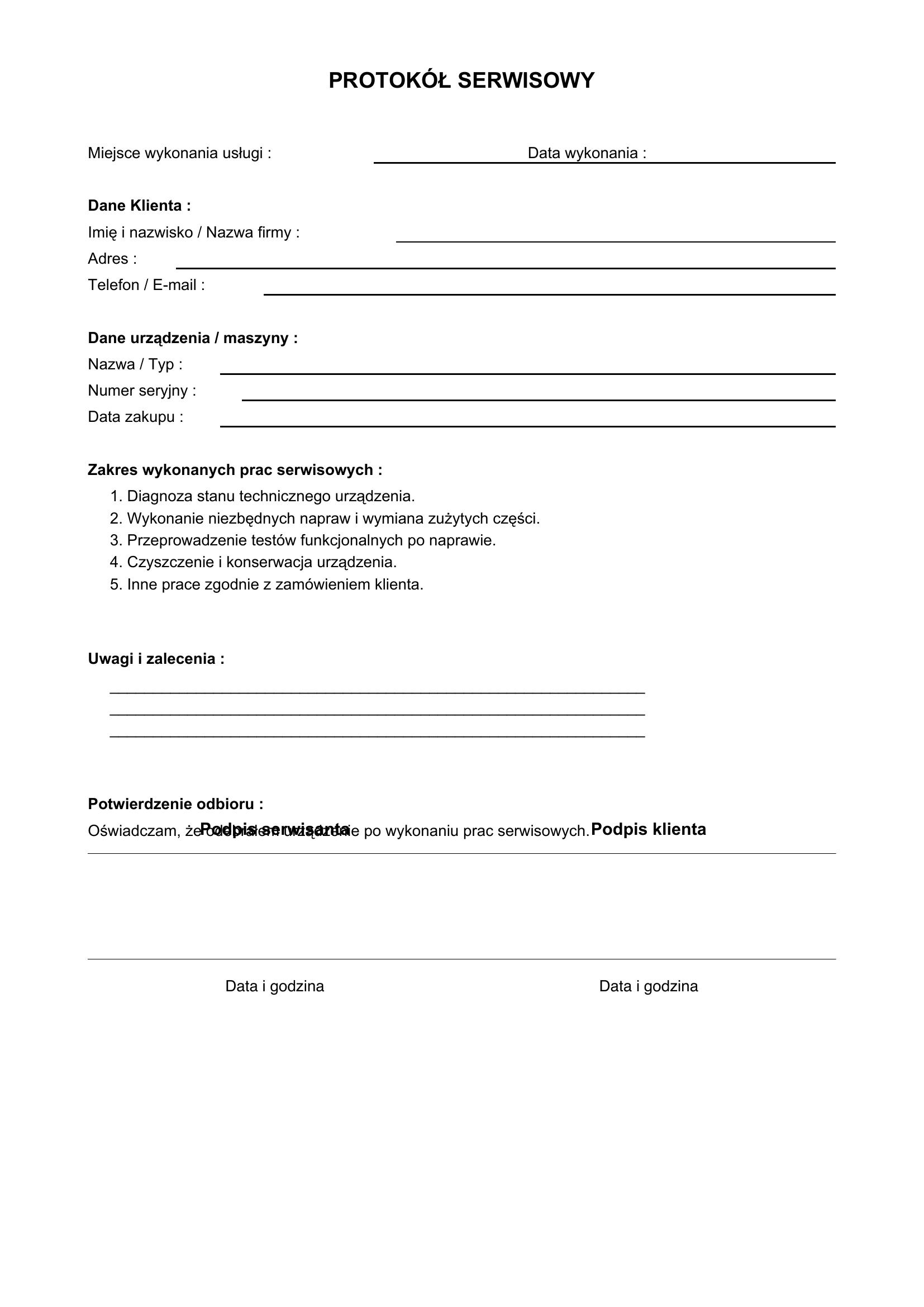 Protokół Serwisowy Wzór