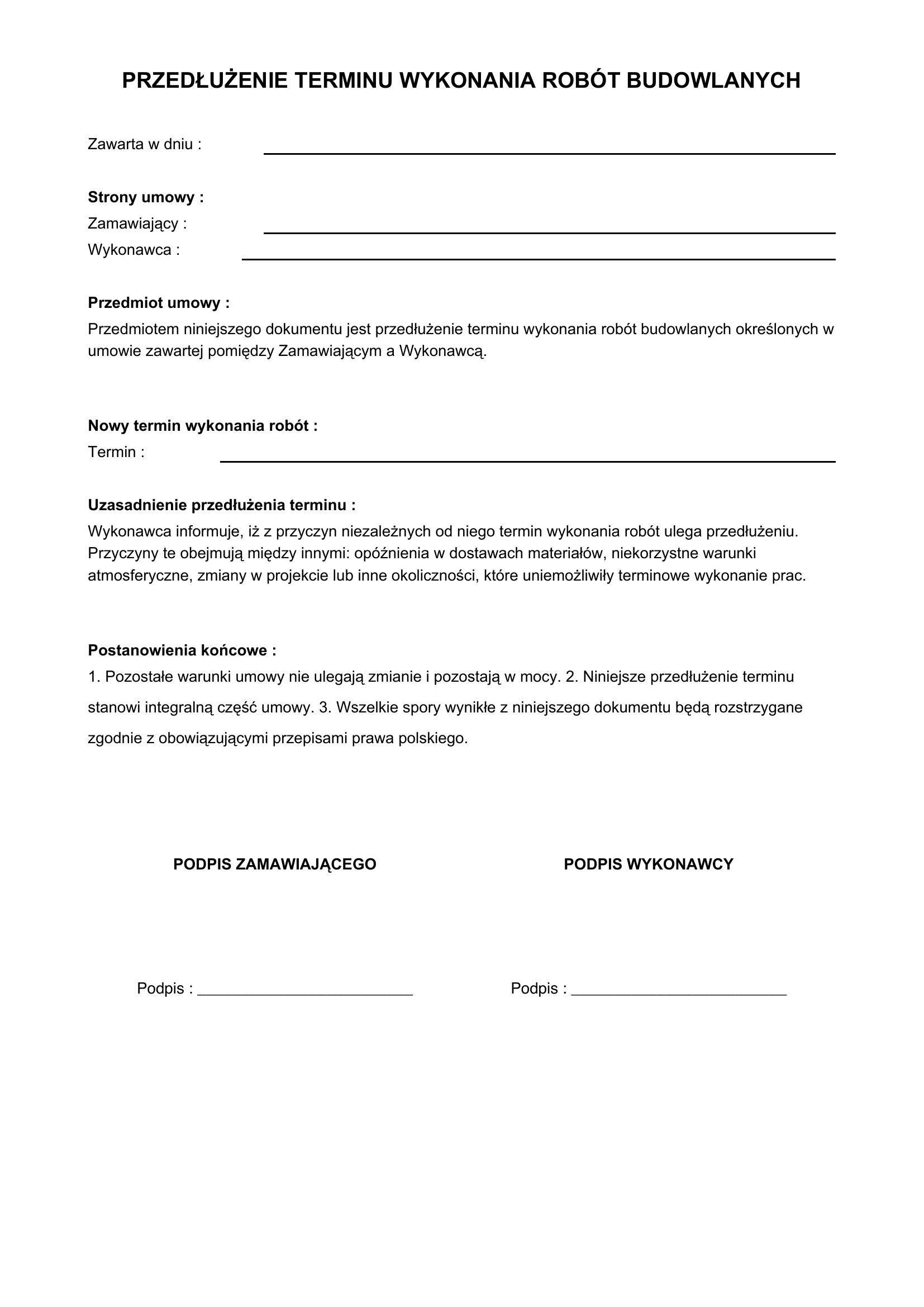 Przedłużenie Terminu Wykonania Robót Budowlanych Wzór