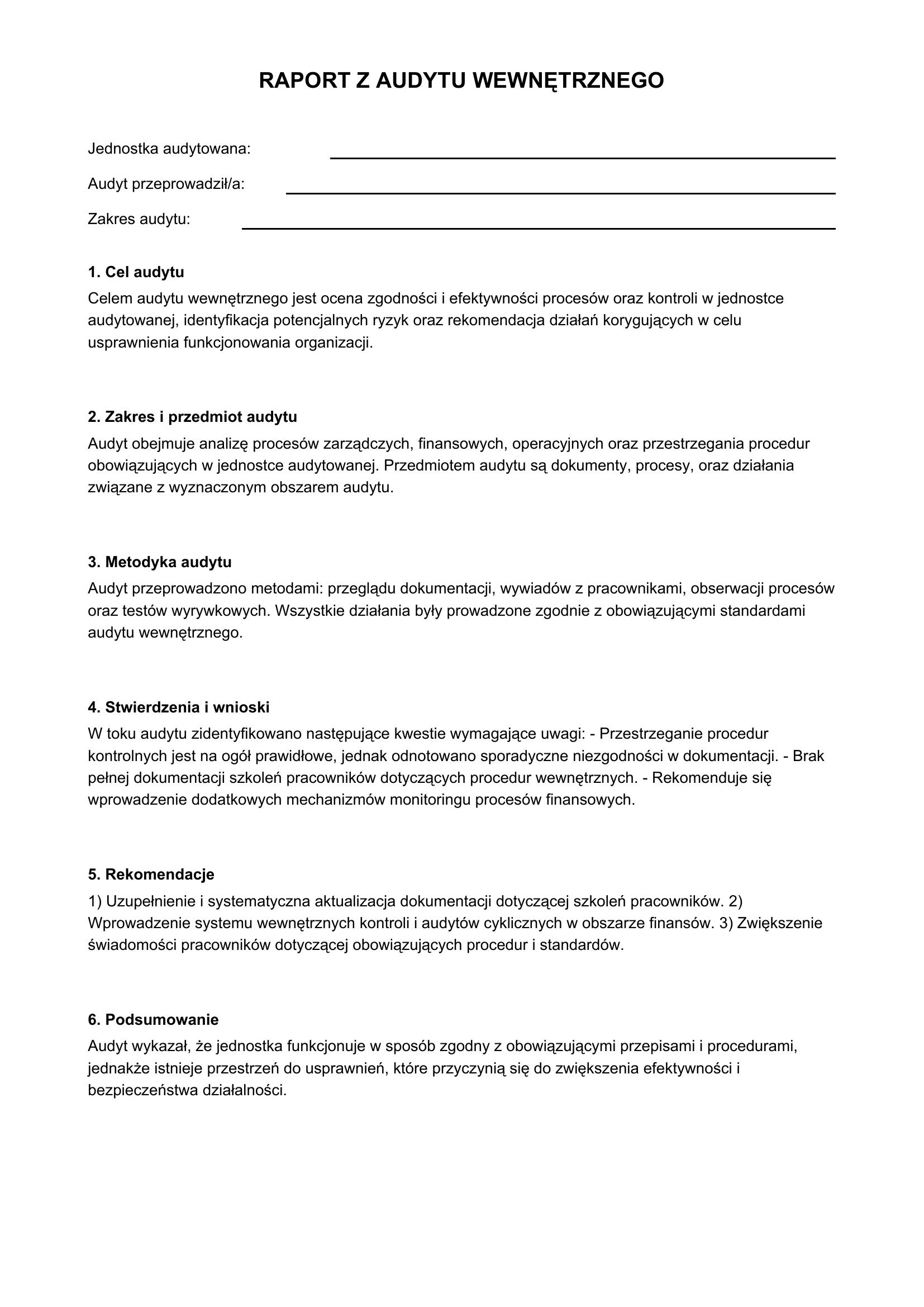 Raport Z Audytu Wewnętrznego Wzór