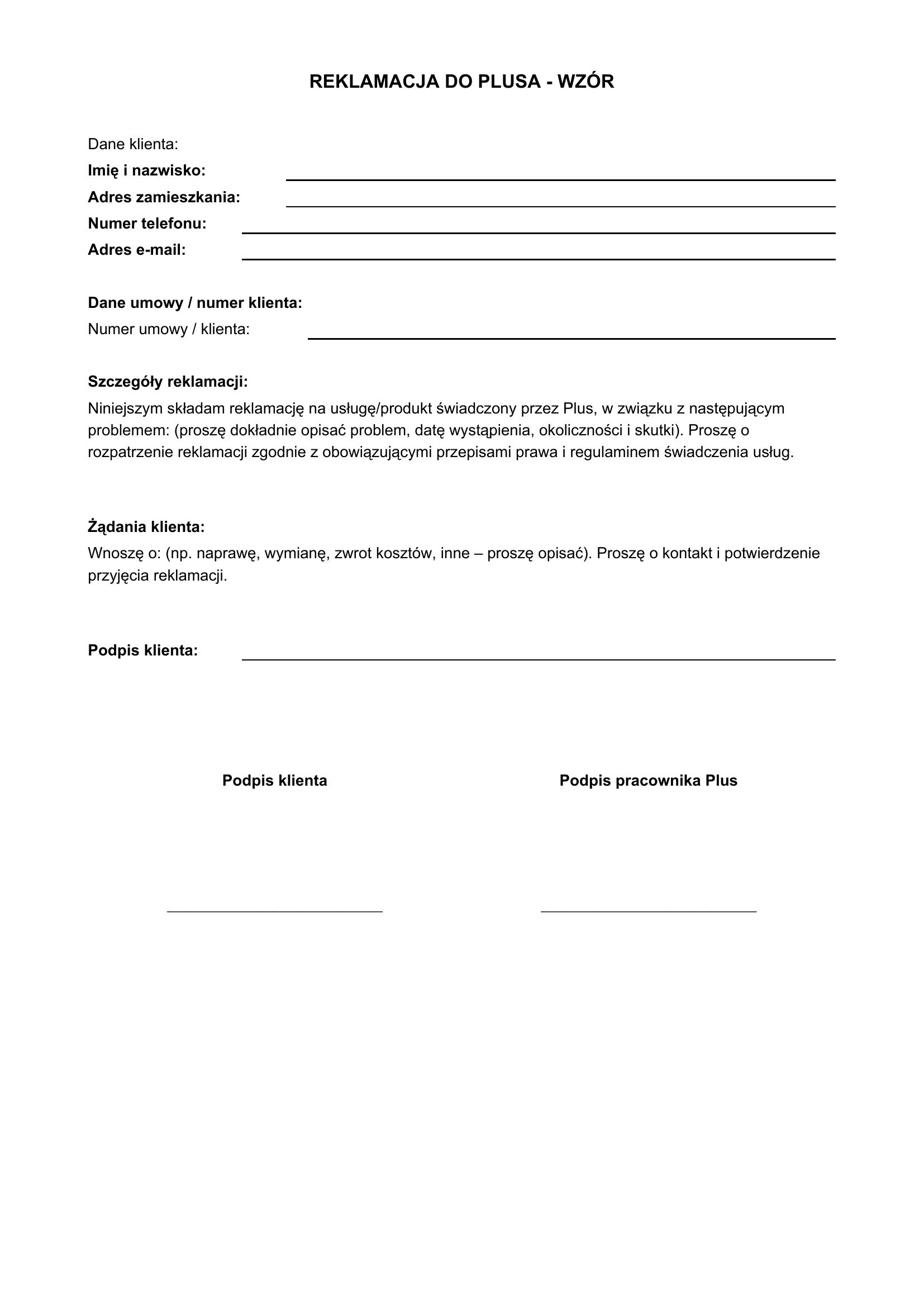 Reklamacja Do Plusa Wzór