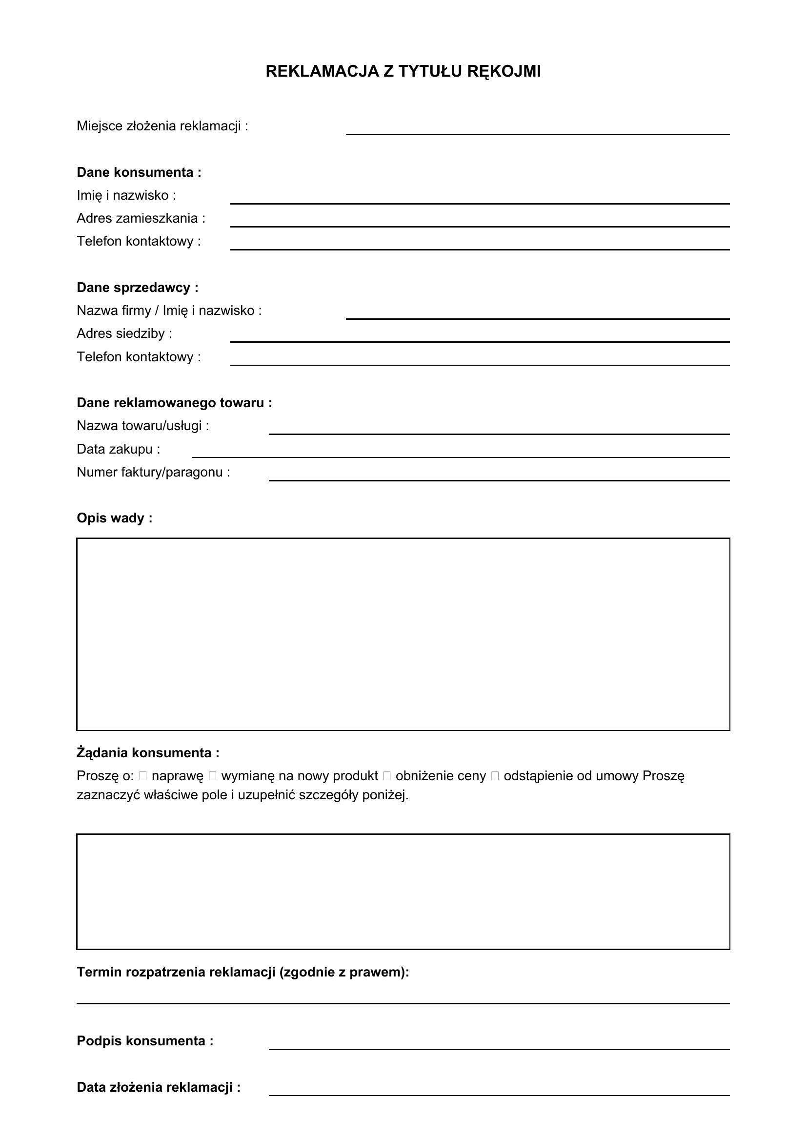 Reklamacja Z Tytułu Rękojmi Wzór