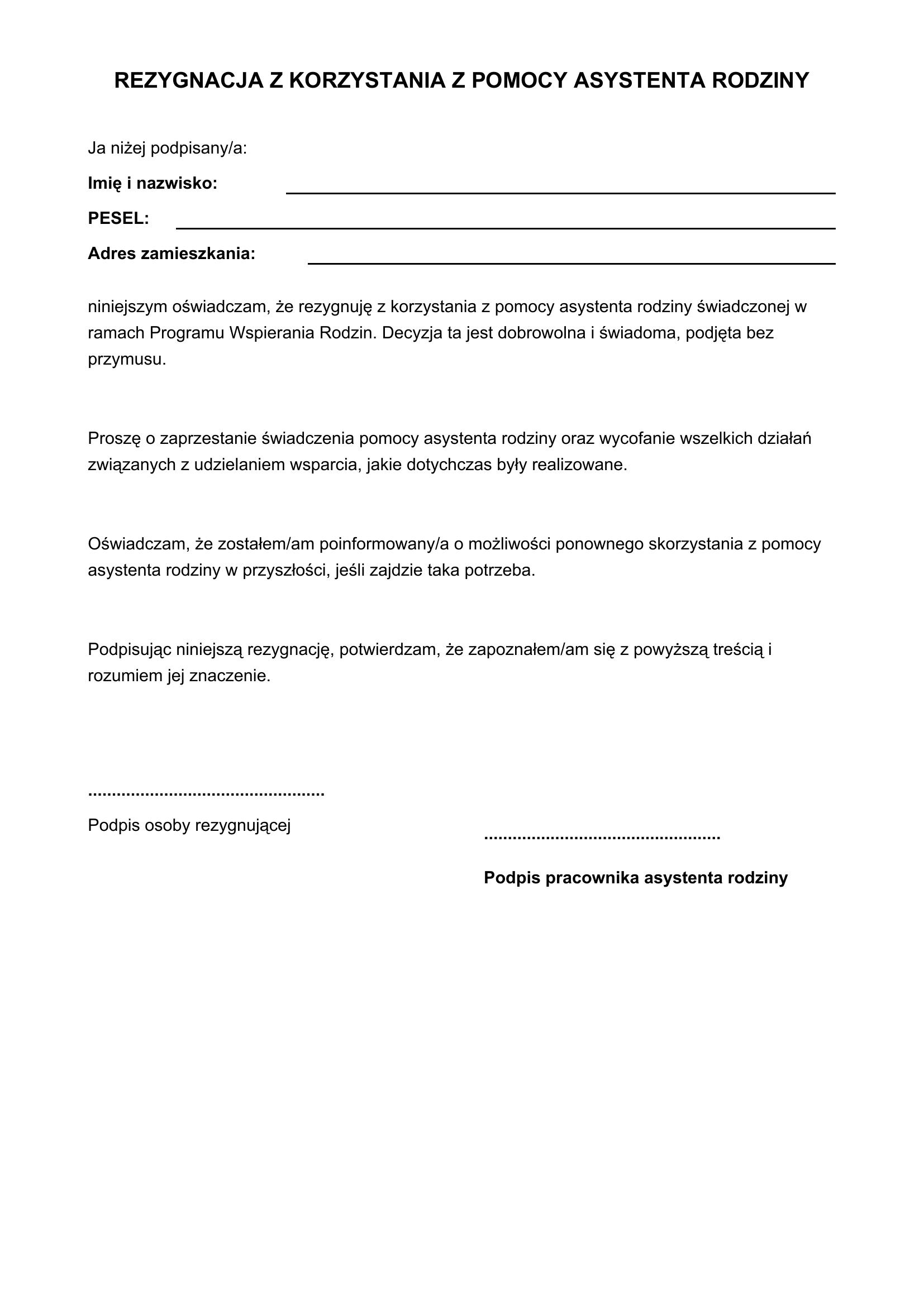 Rezygnacja Z Asystenta Rodziny Wzór