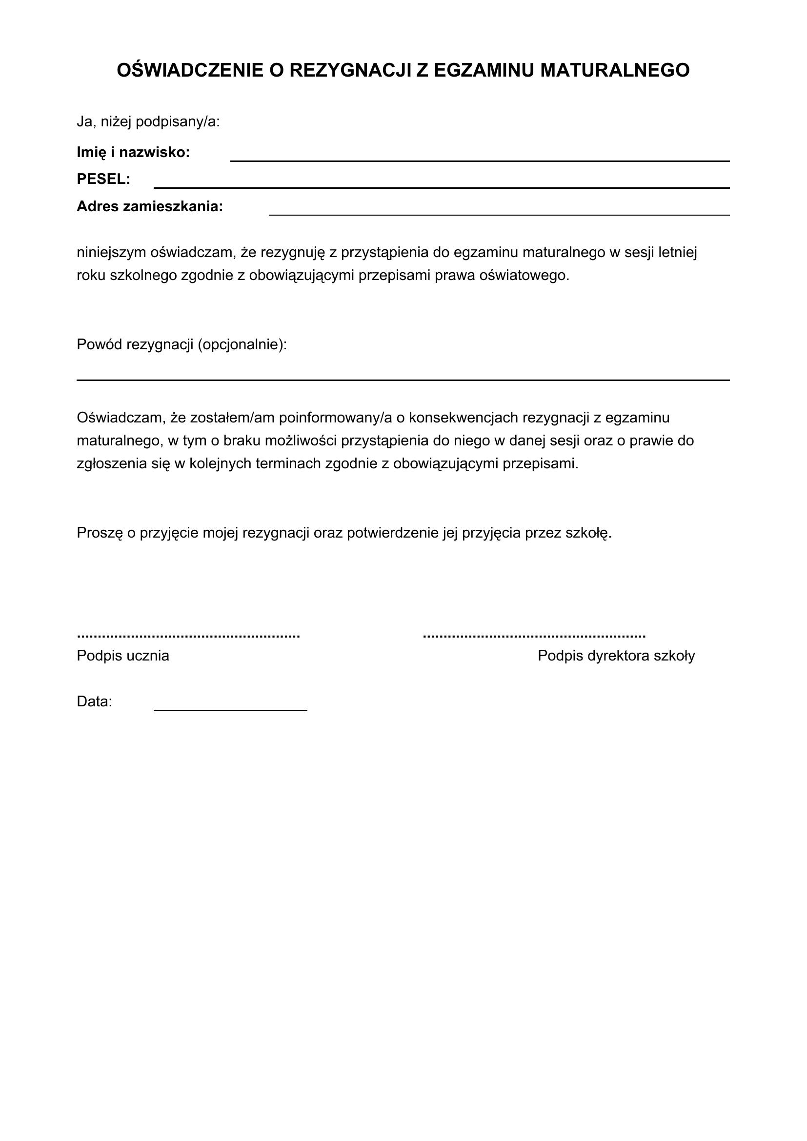 Rezygnacja Z Matury Wzór