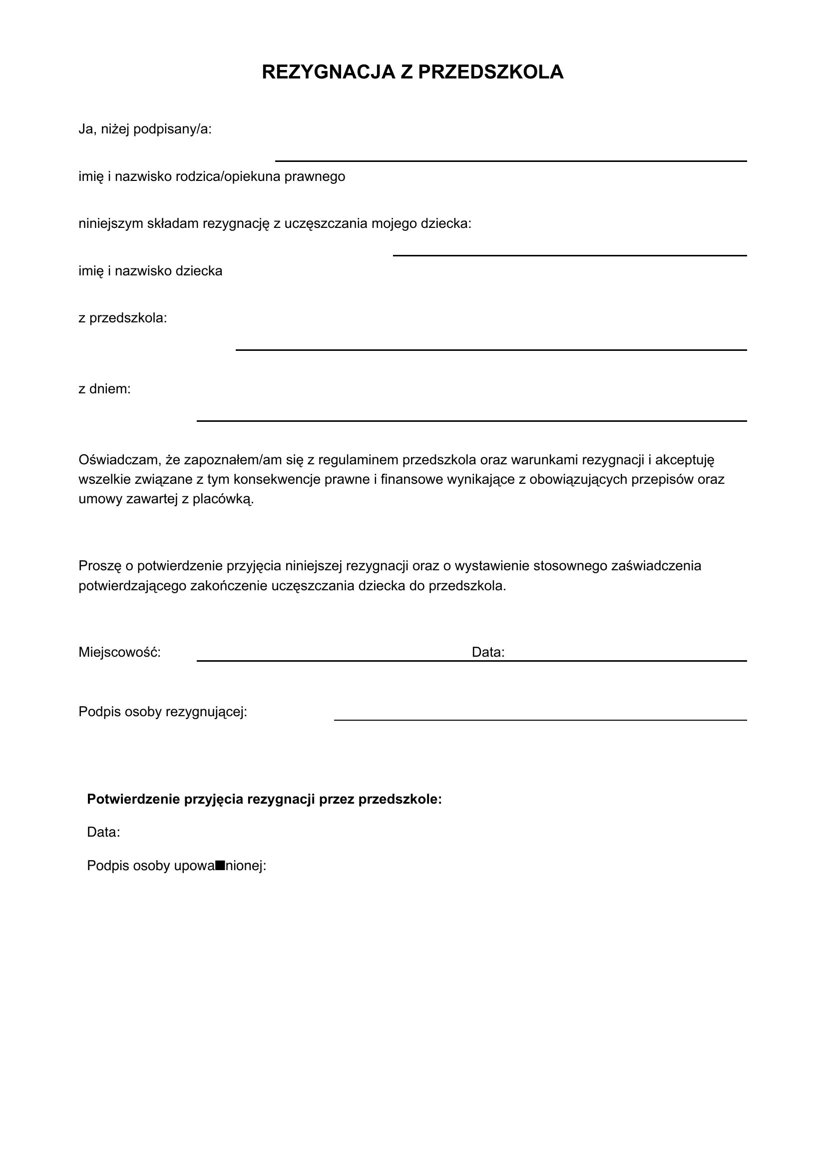 Rezygnacja Z Przedszkola Wzór