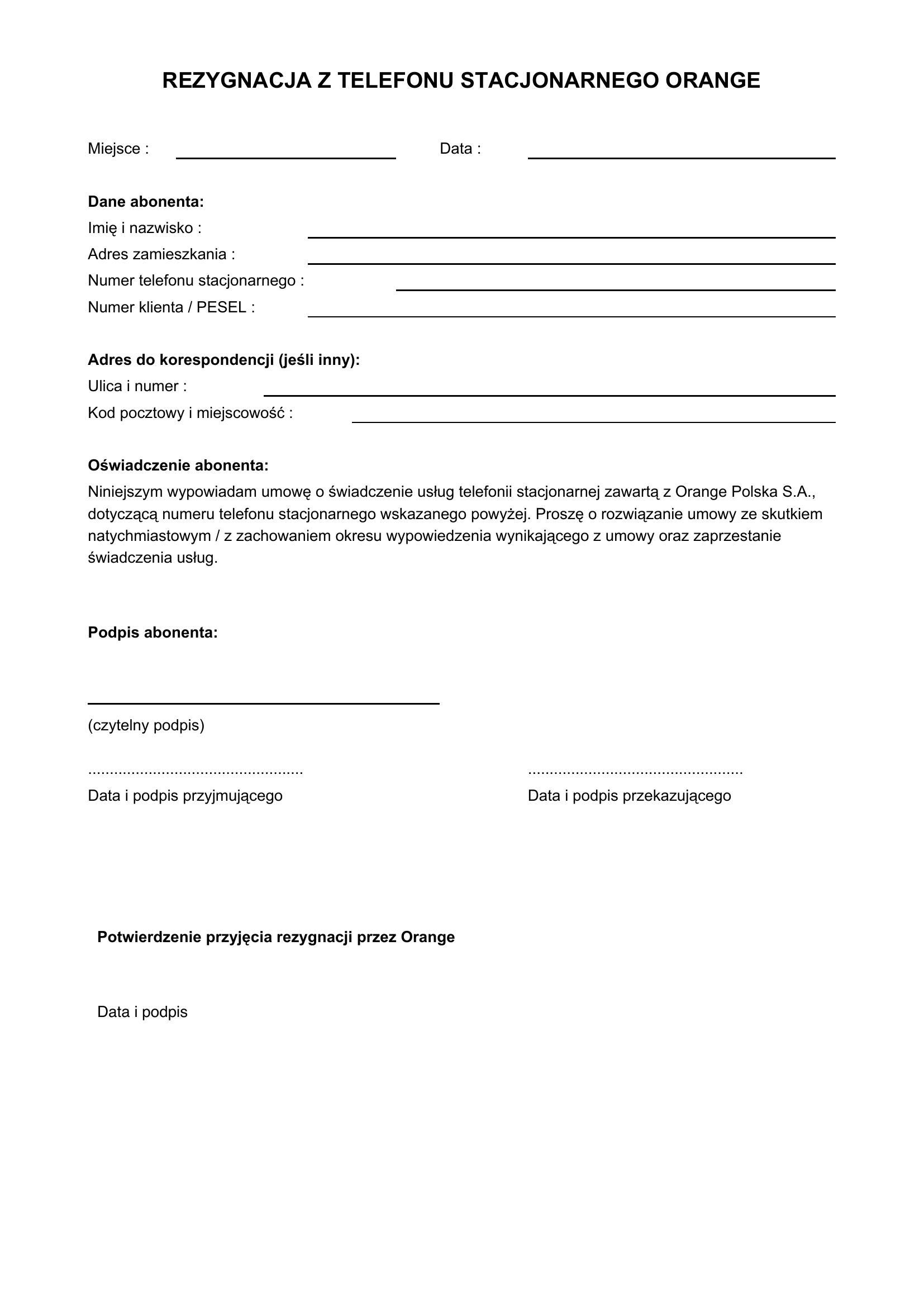 Rezygnacja Z Telefonu Stacjonarnego Orange - Wzór