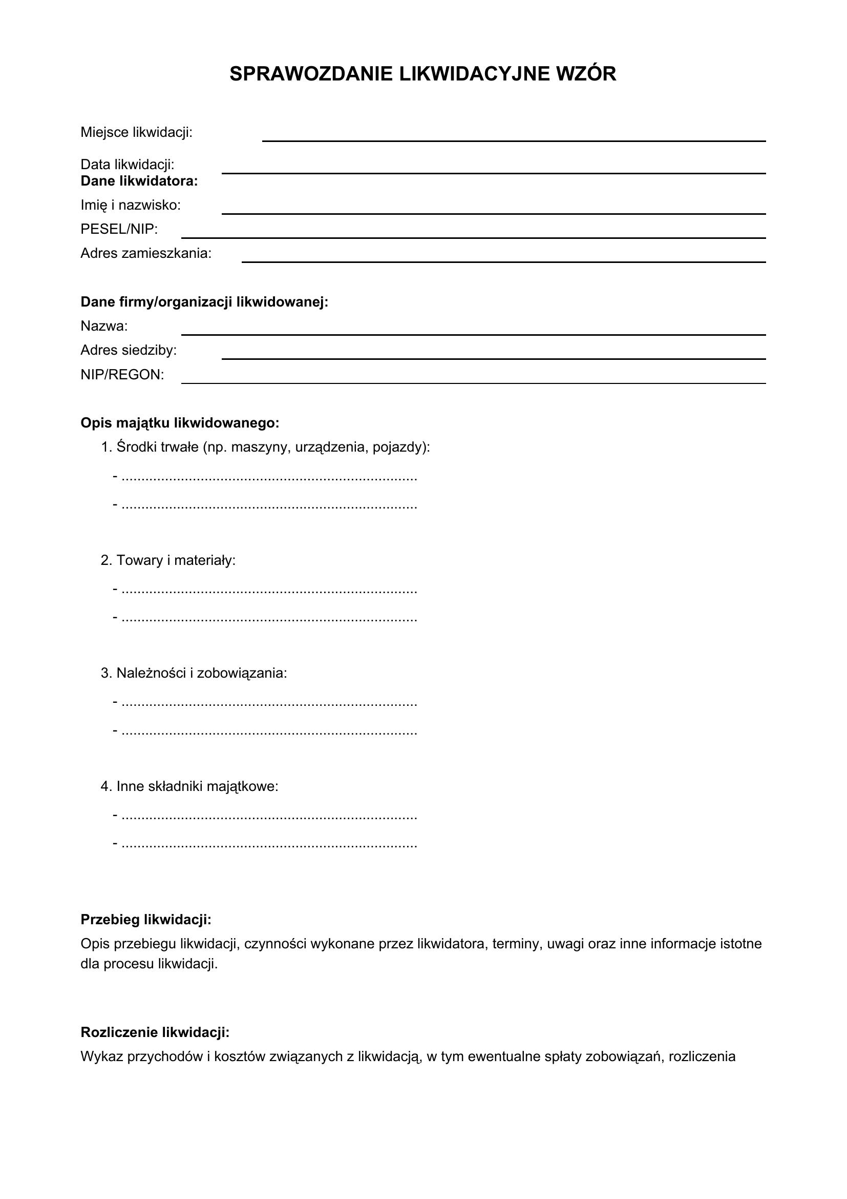 Sprawozdanie Likwidacyjne Wzór