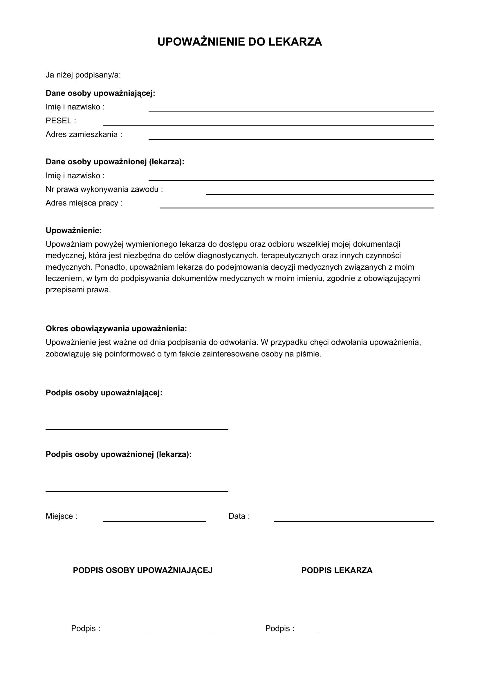 Upoważnienie Do Lekarza Wzór