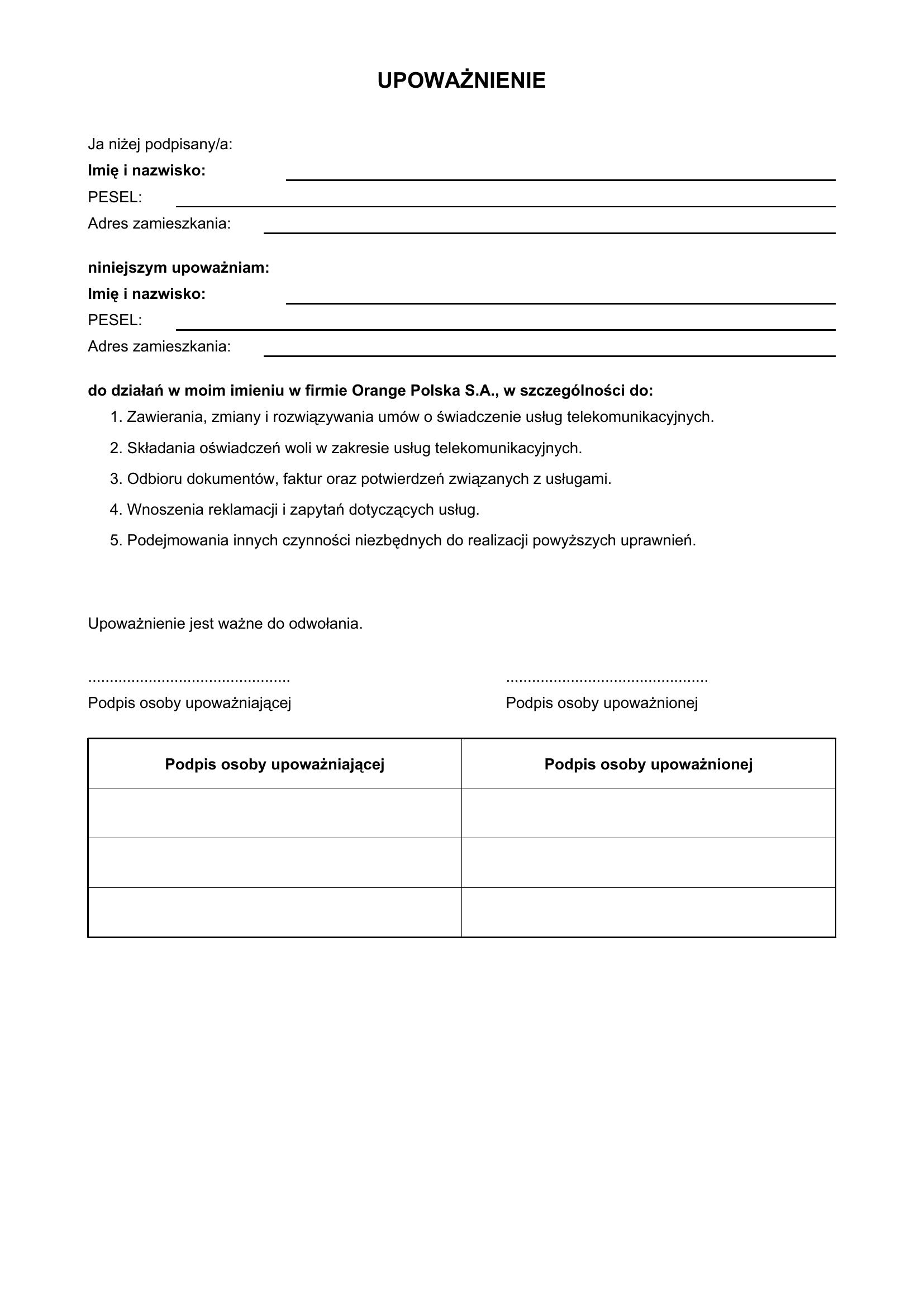 Upoważnienie Orange Wzór