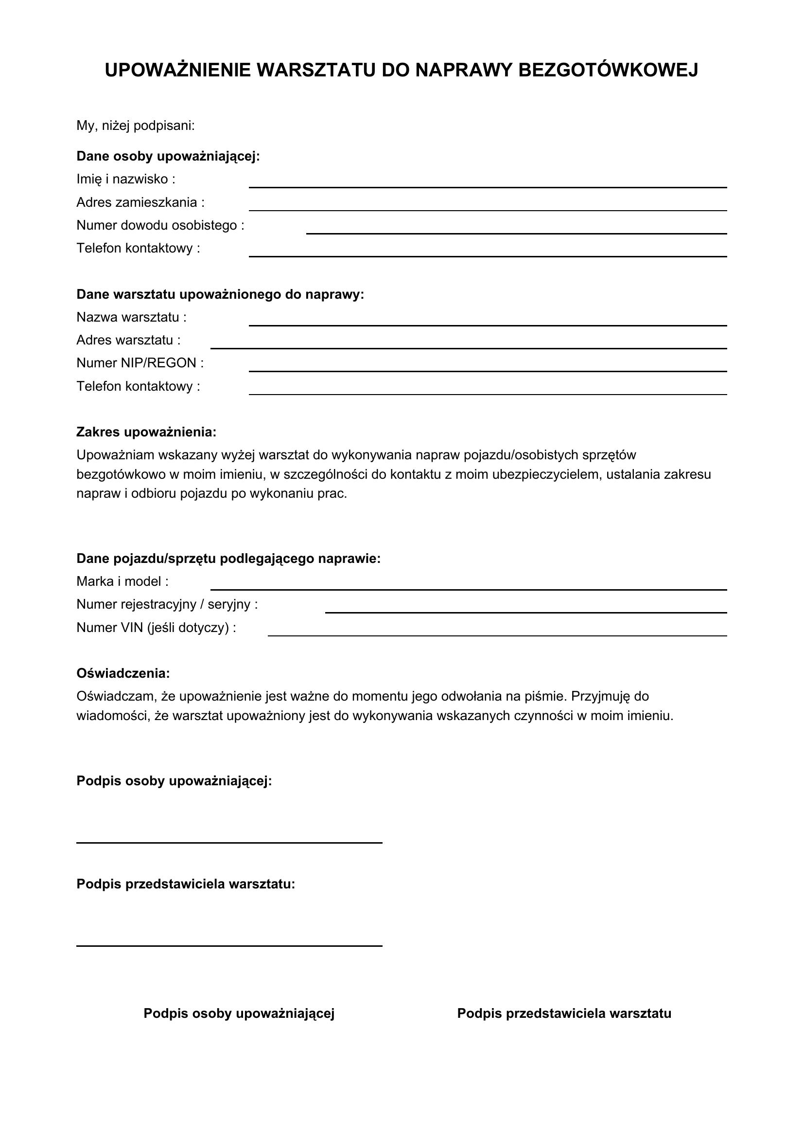 Upoważnienie Warsztatu Do Naprawy Bezgotówkowej Wzór