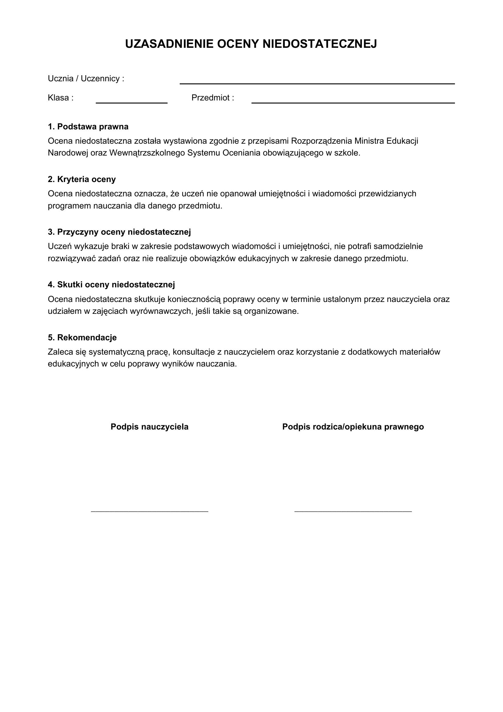 Uzasadnienie Oceny Niedostatecznej Przykład