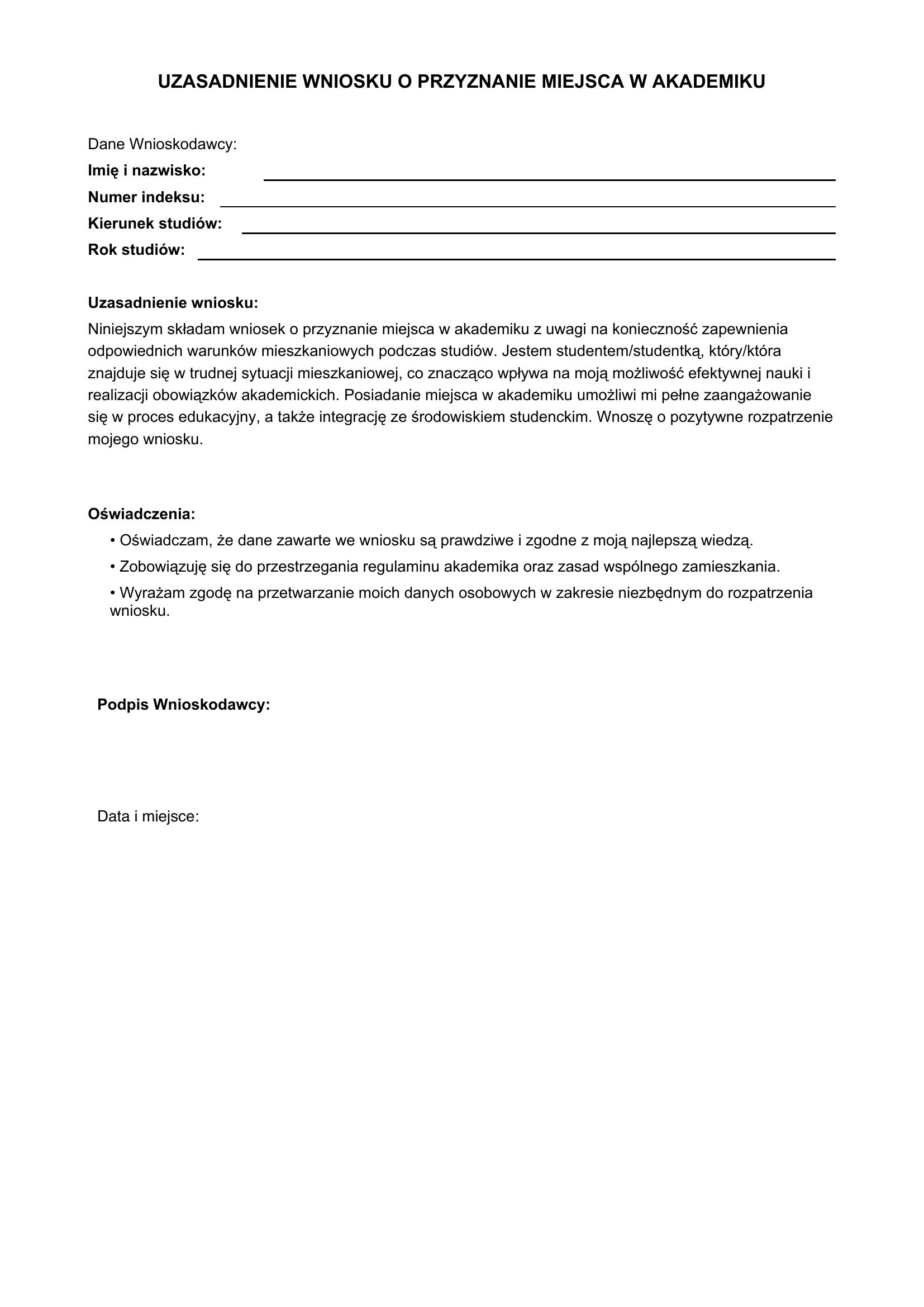Uzasadnienie Wniosku O Akademik Przykład