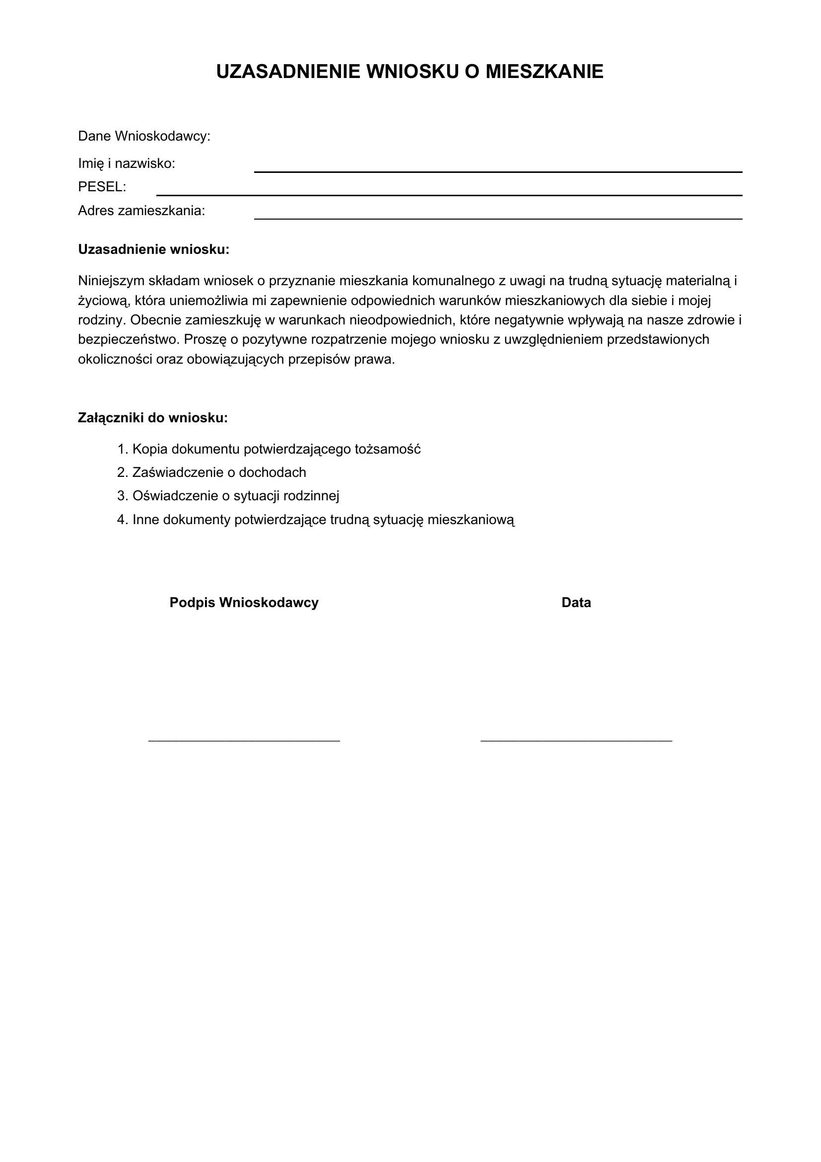 Uzasadnienie Wniosku O Mieszkanie Wzór