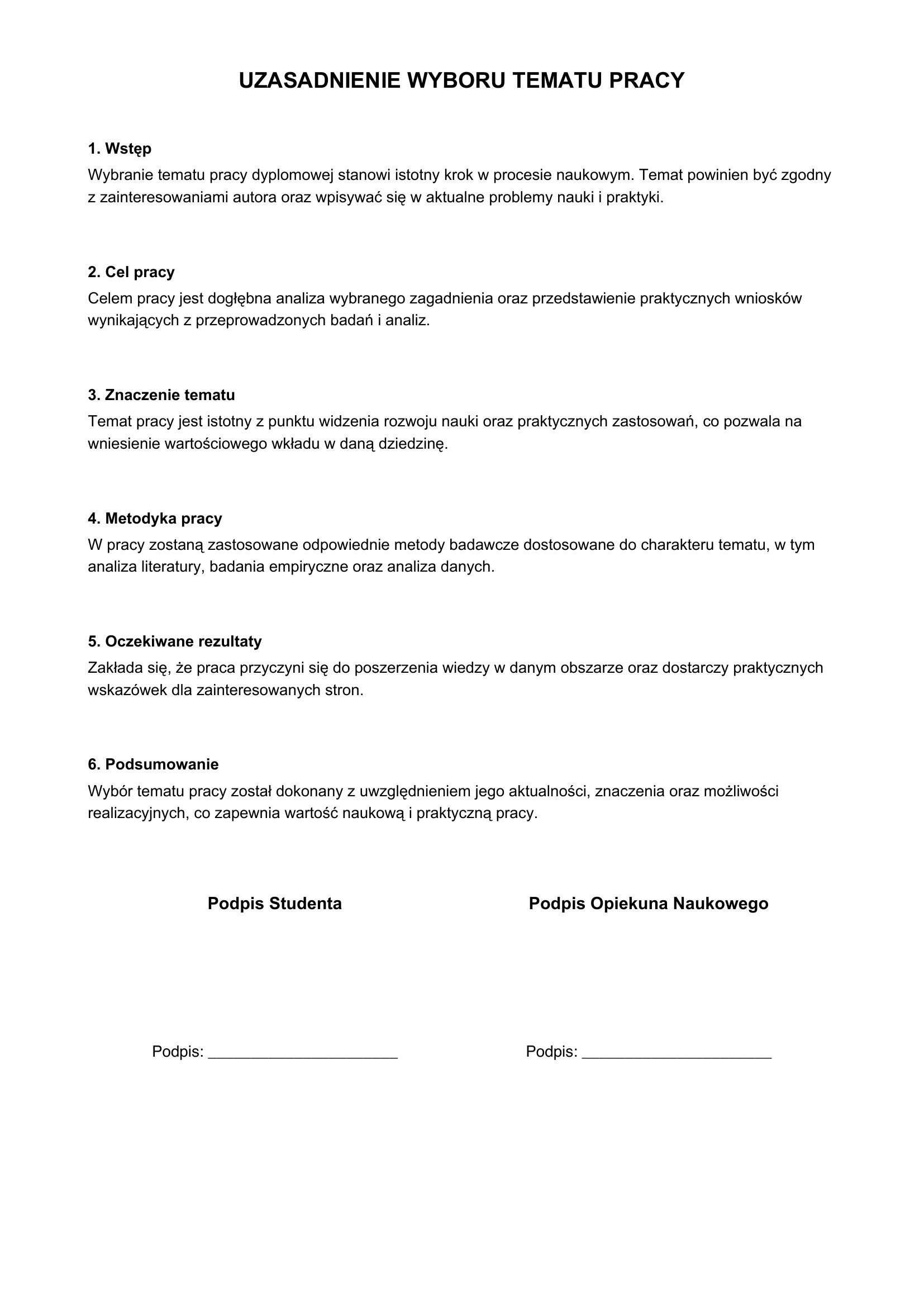 Uzasadnienie Wyboru Tematu Pracy Przykład