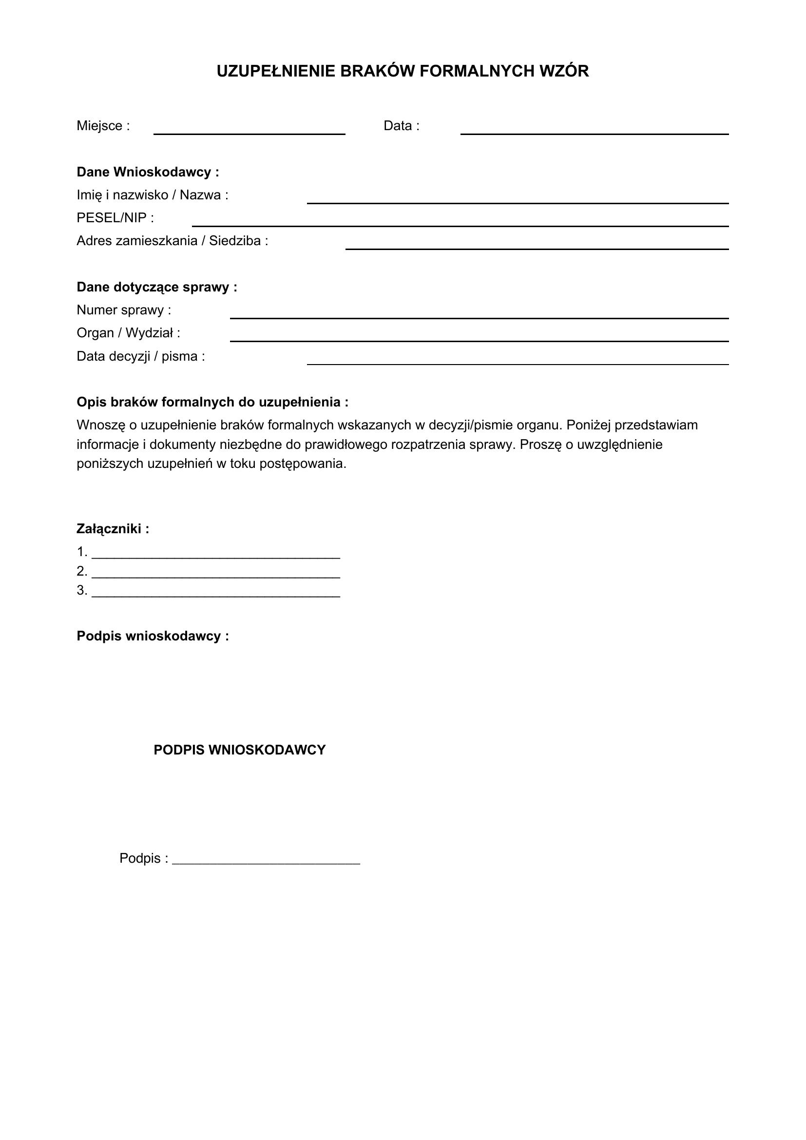 Uzupełnienie Braków Formalnych Wzór