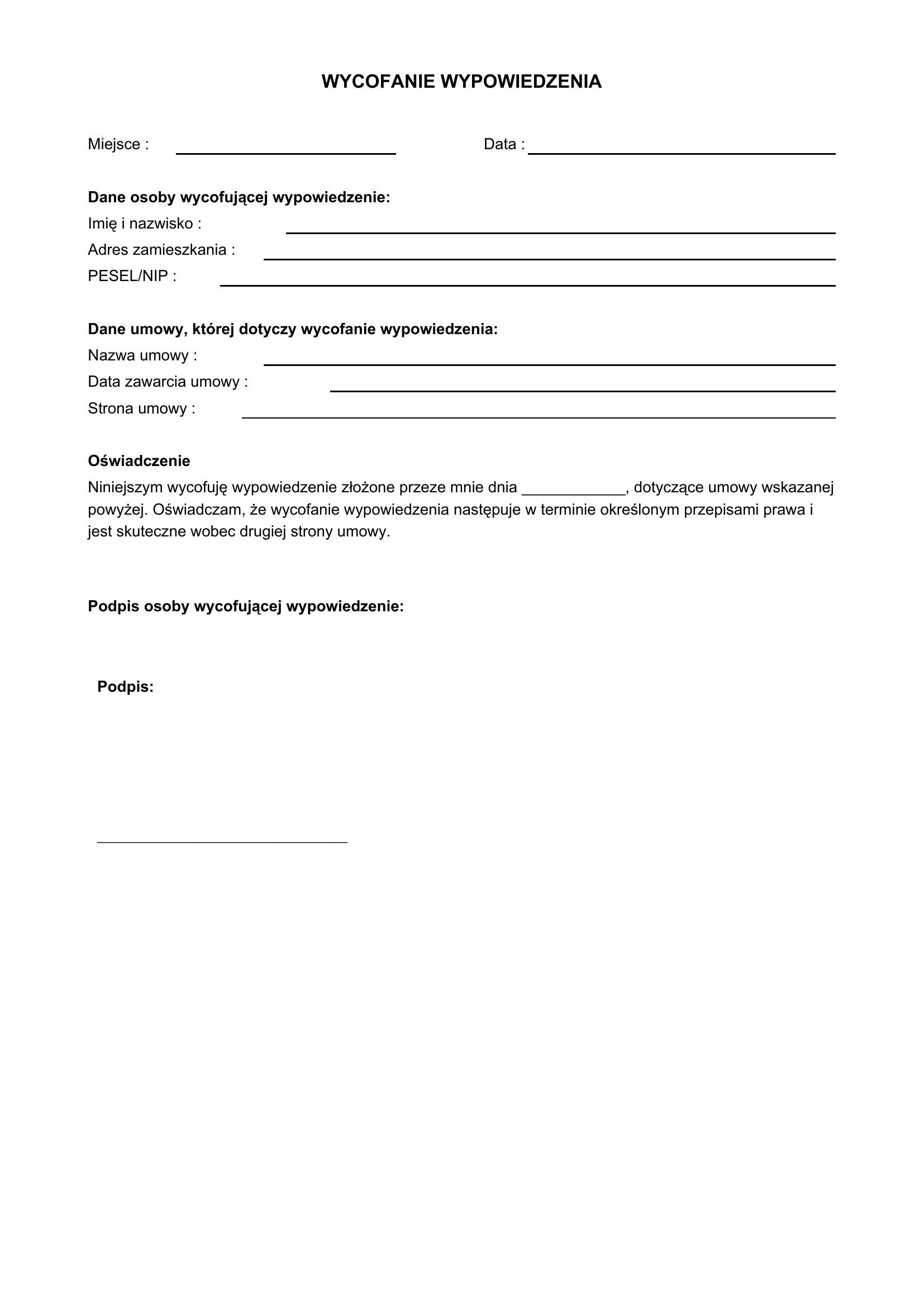 Wycofanie Wypowiedzenia Wzór