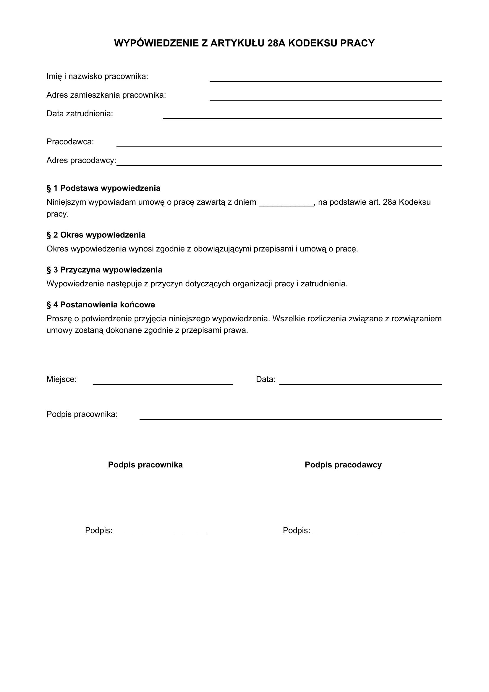 Wypowiedzenie Z Art 28A Wzór