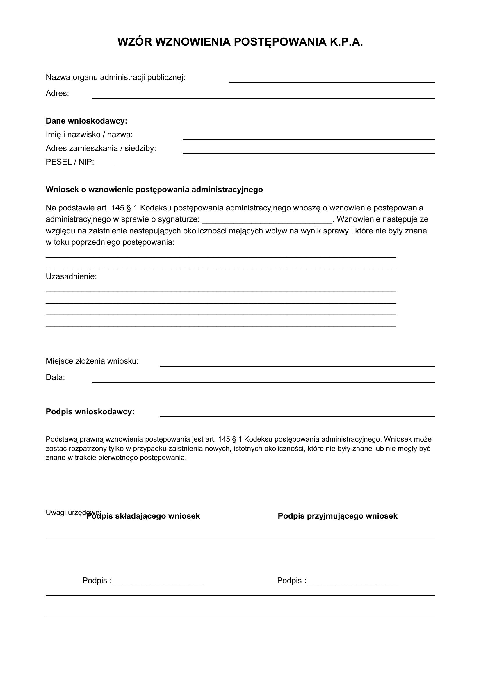 Wznowienie Postępowania K.P.A. Wzór