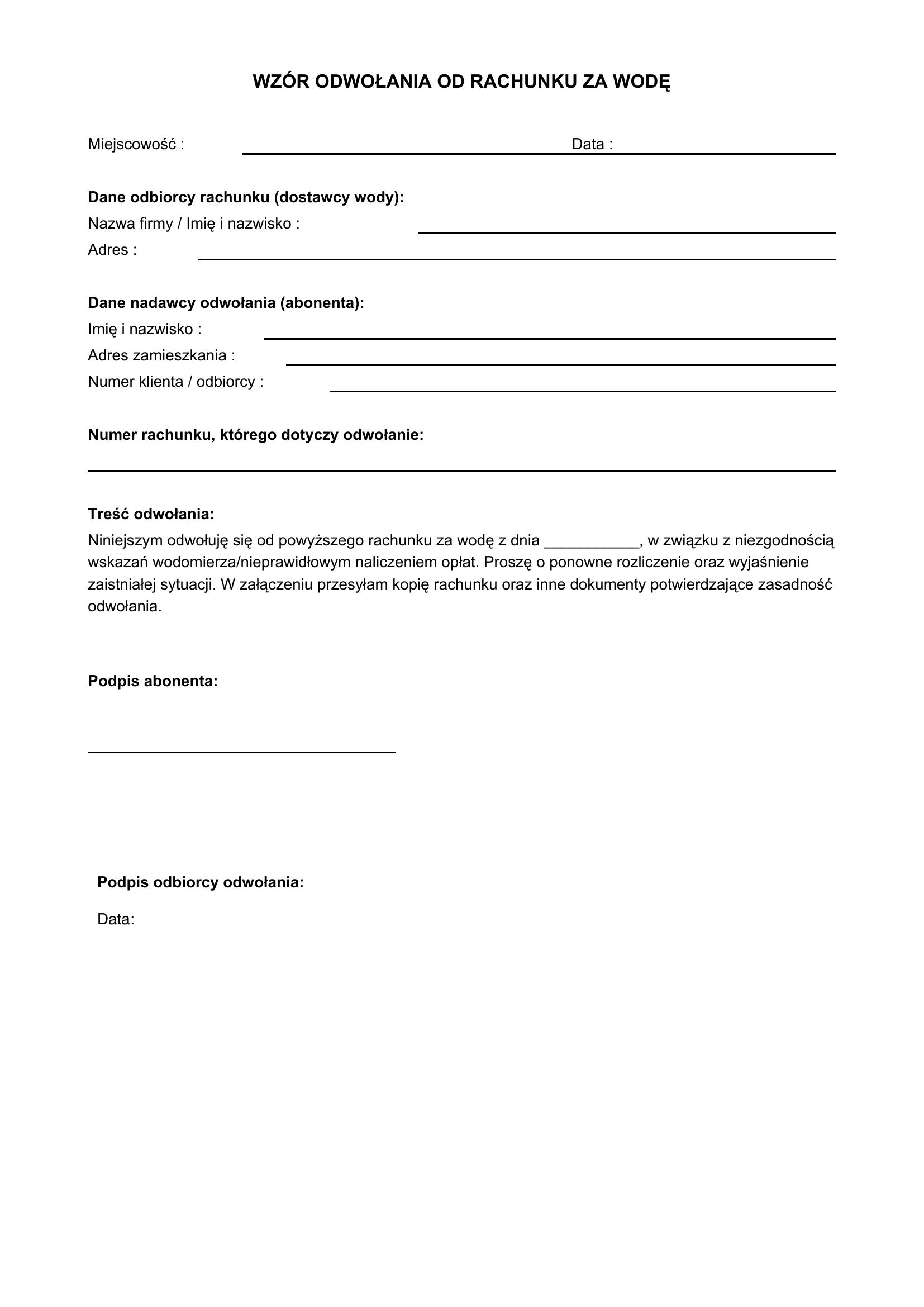 Wzór Odwołania Od Rachunku Za Wodę