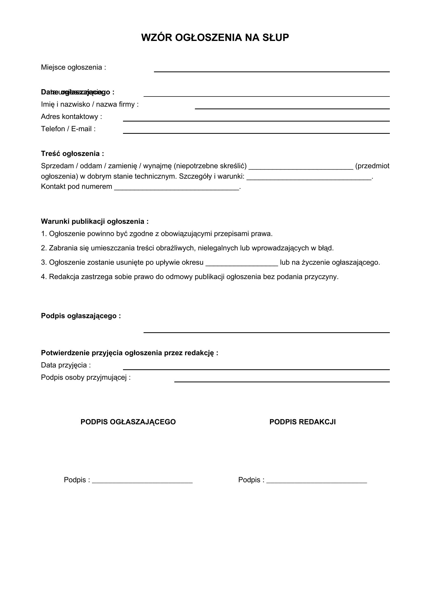 Wzór Ogłoszenia Na Słup
