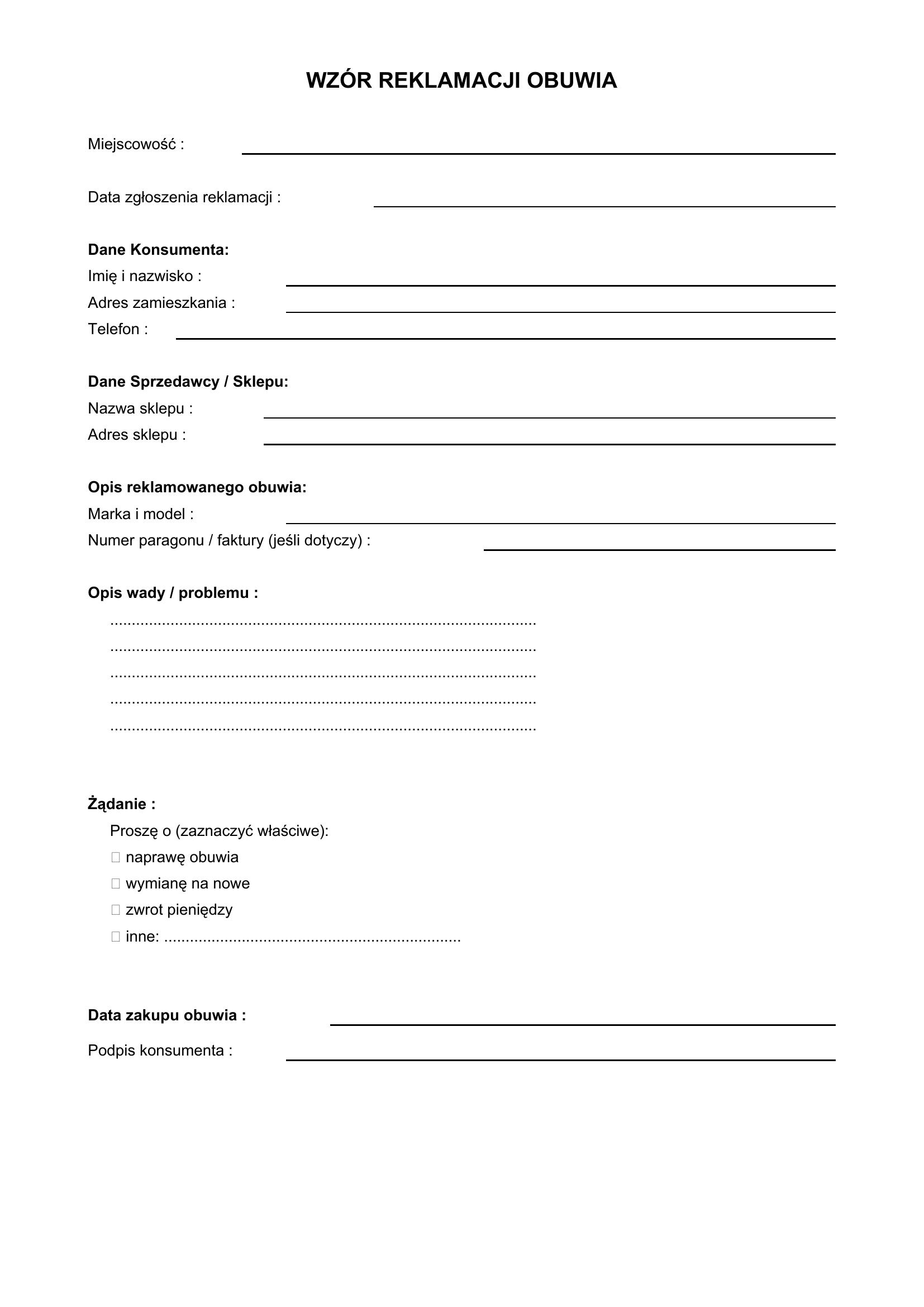 Wzór Reklamacji Obuwia