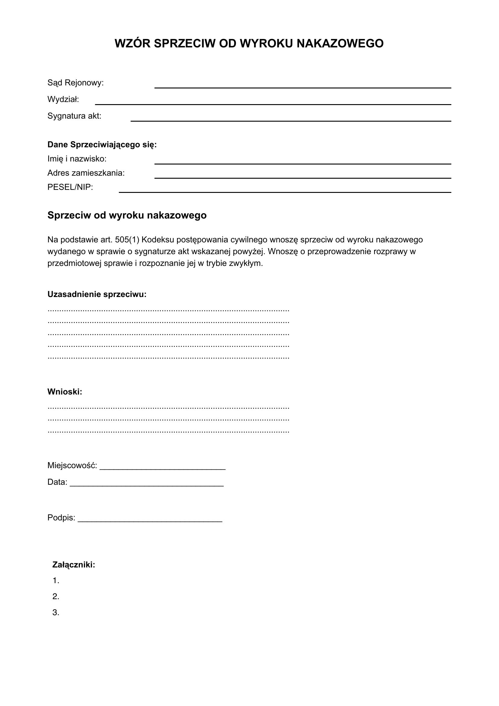 Wzór Sprzeciwu Od Wyroku Nakazowego